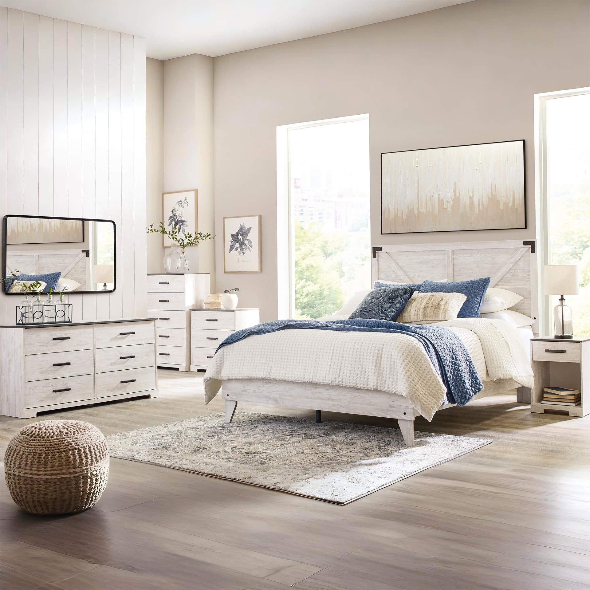 Signature Design by Ashley Shawburn Rustic 5 Drawer Chest of Smooth-Gliding Drawers and Safety Stop, White & Gray