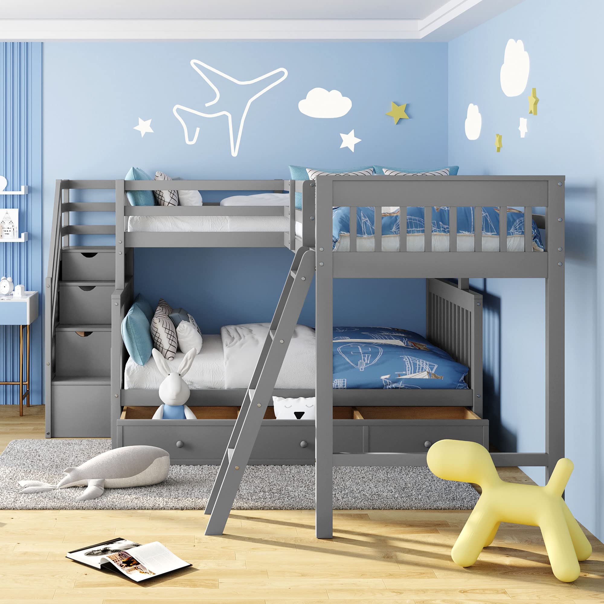 Merax Bunk Bed with a Loft Attached, Triple Bedframe with Drawers, Guardrails and Ladders, Gray Platform, L-Shaped Twin Over Full