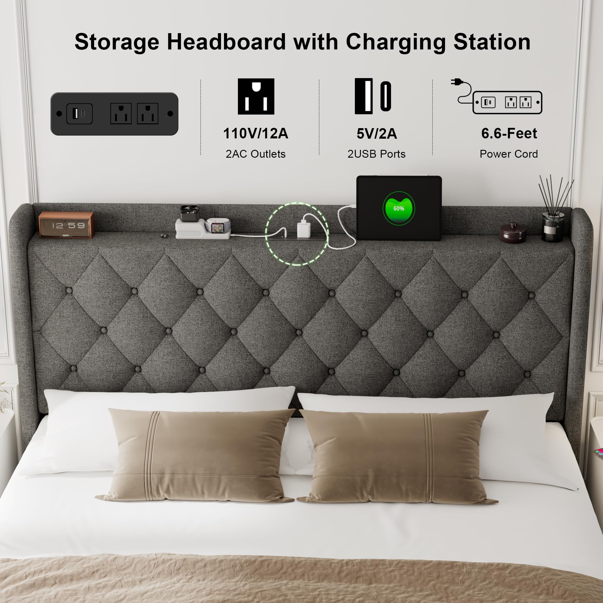 Feonase Queen Bed Frame with Storage & Charging Station - Hydraulic Lift Up Platform Bed, Upholstered Button Tufted Headboard, Sturdy Wooden Slats, Noise-Free, No Box Spring Needed, Dark Gray