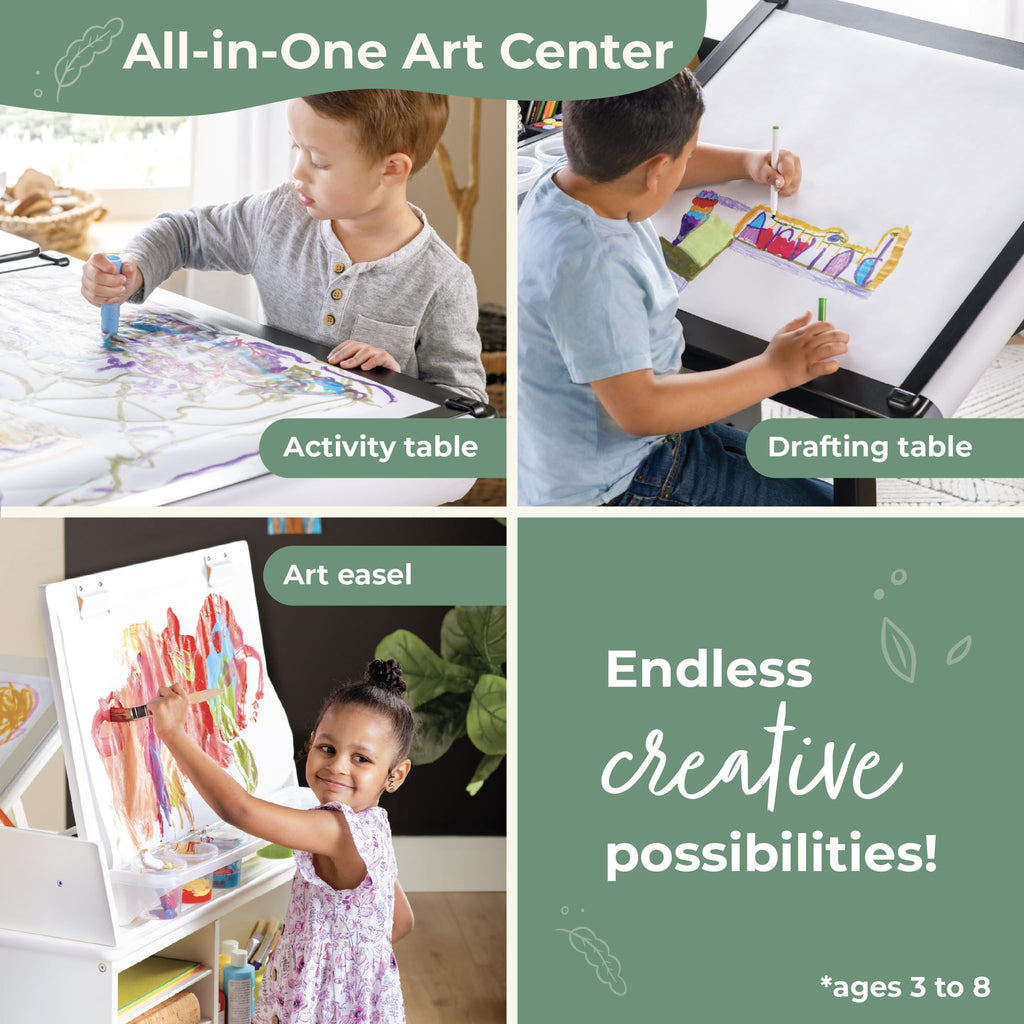 Guidecraft Design Studio – Black: 3-in-1 Kids Art Table & Stool Set, Writing, Crafting, Painting & Drafting Table for Kids with Craft Storage & Bins, Art Easel with Paper Roll, Toddler Activity Desk