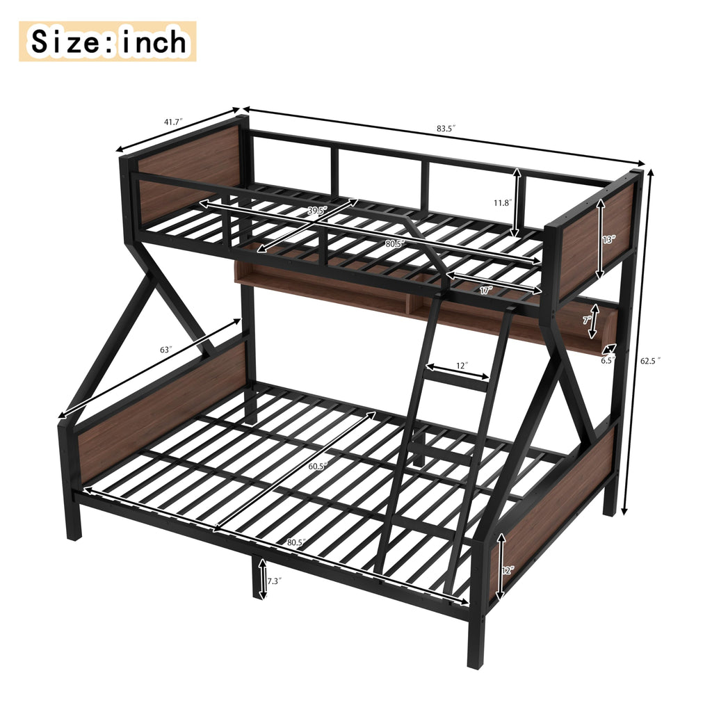 Bellemave Metal Bunk Bed Twin XL Over Queen Size with Storage Shelves & LED Light,Heavy Duty Bunk Bed Frame with Wood Board & Sturdy Slats,Twin XL Over Queen Bunk Beds for Bedroom,Noise Free, Black