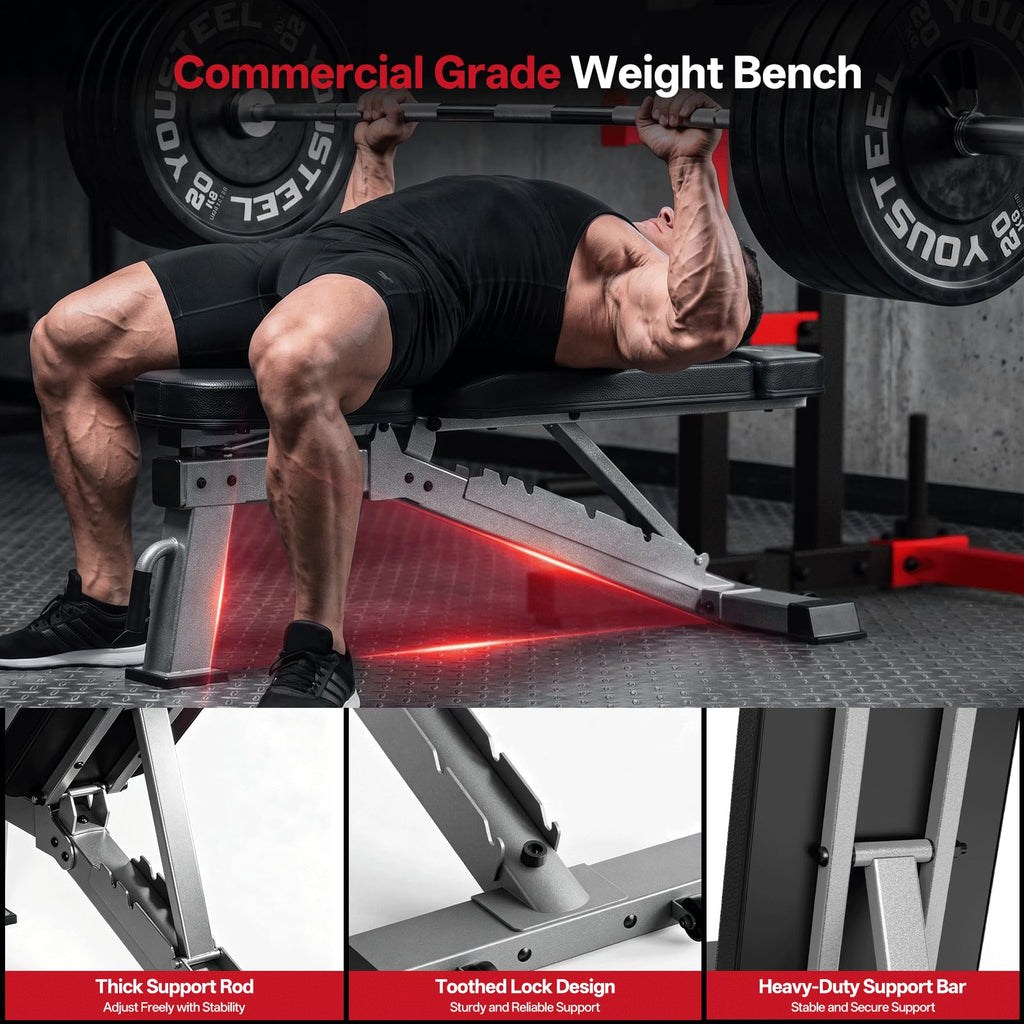 JOROTO Adjustable Weight Bench - 1300LBS Heavy Duty Workout Bench for Strength Training, Decline/Flat/Incline Bench Press with 34" Extra-Long Backrest & Wheels for Full Body Exercise, Grey