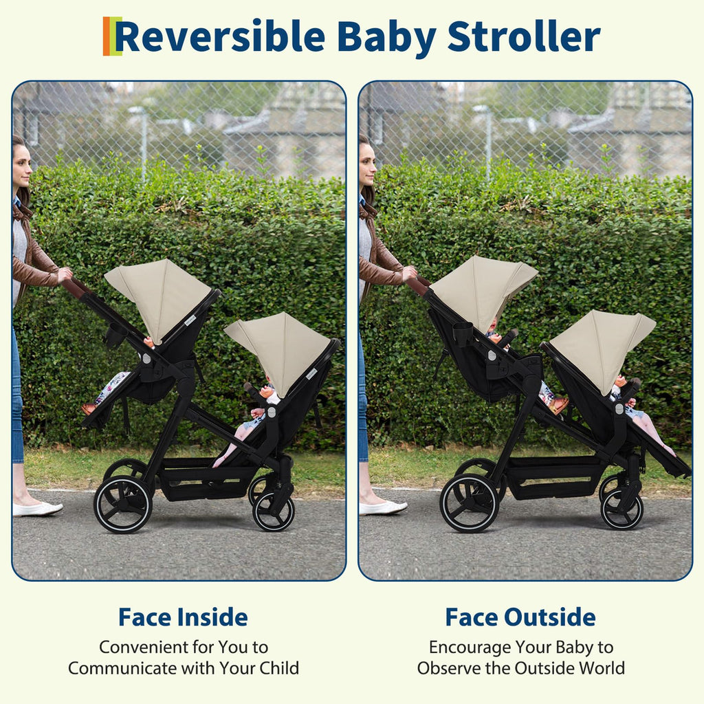 Tandem Double Stroller for Twins, Foldable Baby Stroller for Newborns 0-6 Months, Reversible Adjustable Seats, Shock-Absorbing Swivel Wheels & One-Step Brake, Storage Basket & Sun Canopy, Beige