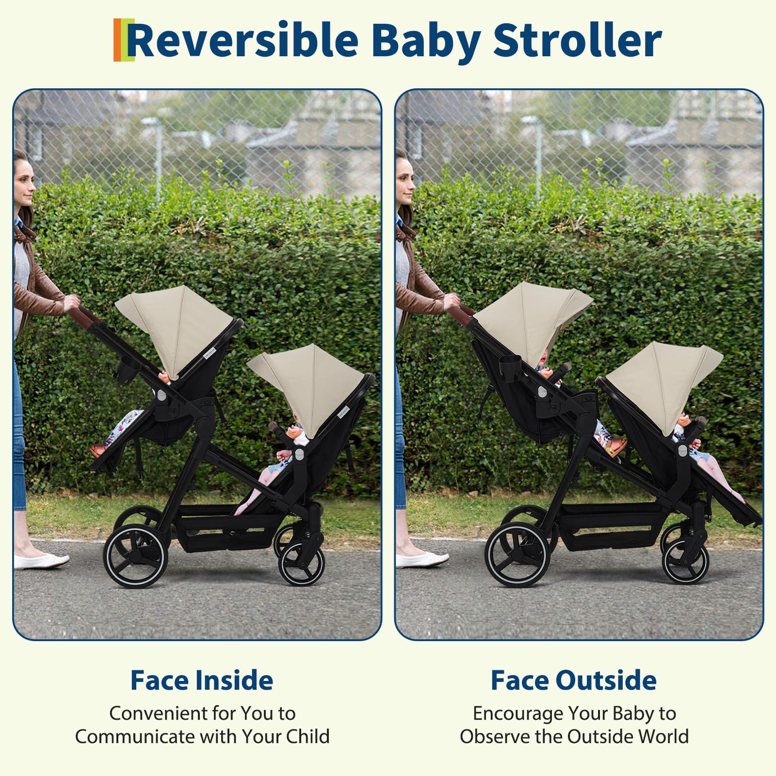 Tandem Double Stroller for Twins, Foldable Baby Stroller for Newborns 0-6 Months, Reversible Adjustable Seats, Shock-Absorbing Swivel Wheels & One-Step Brake, Storage Basket & Sun Canopy, Beige