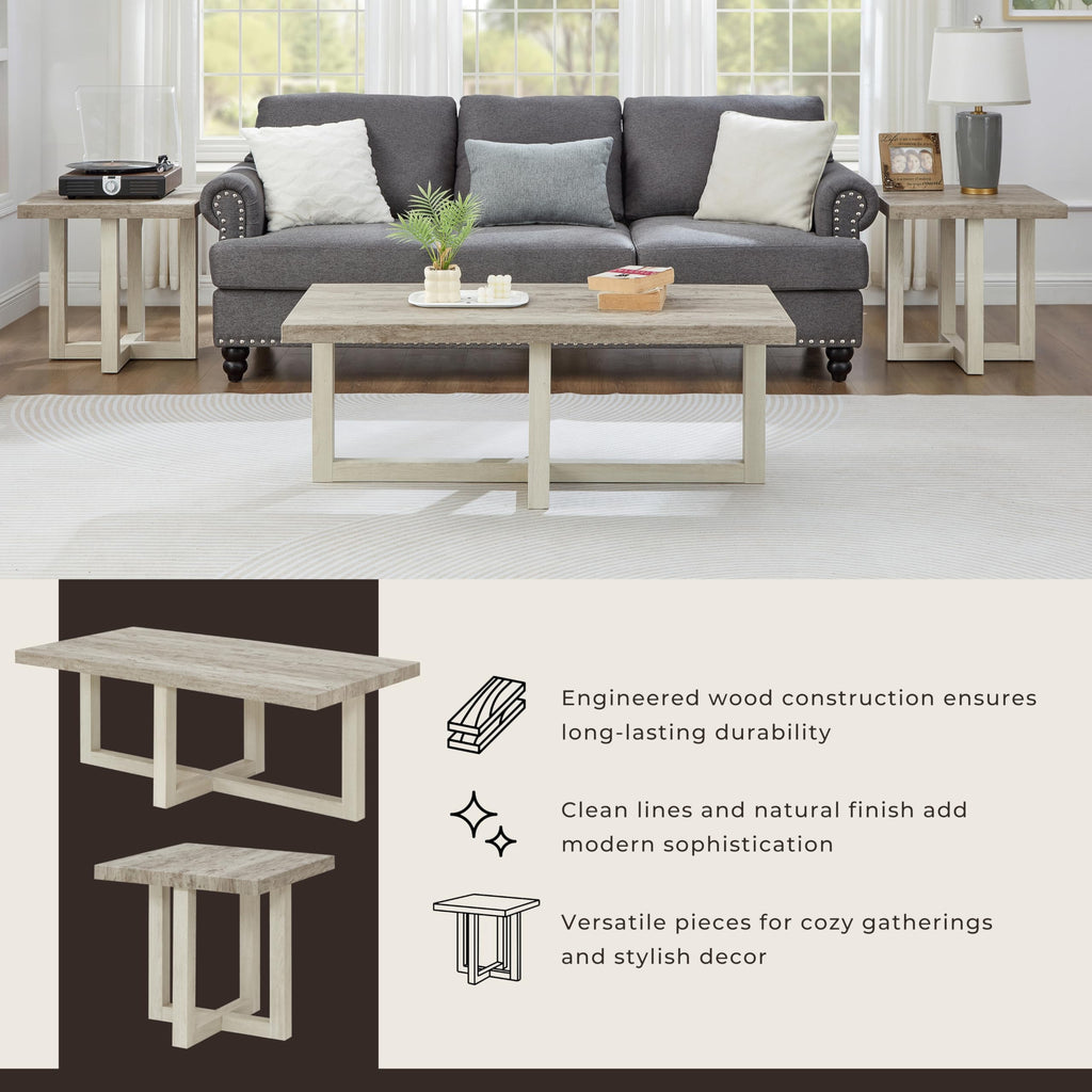 Roundhill Furniture Luno 3-Piece Coffee Table Set, Coffee Table and Two End Tables, Weathered Gray and Beige