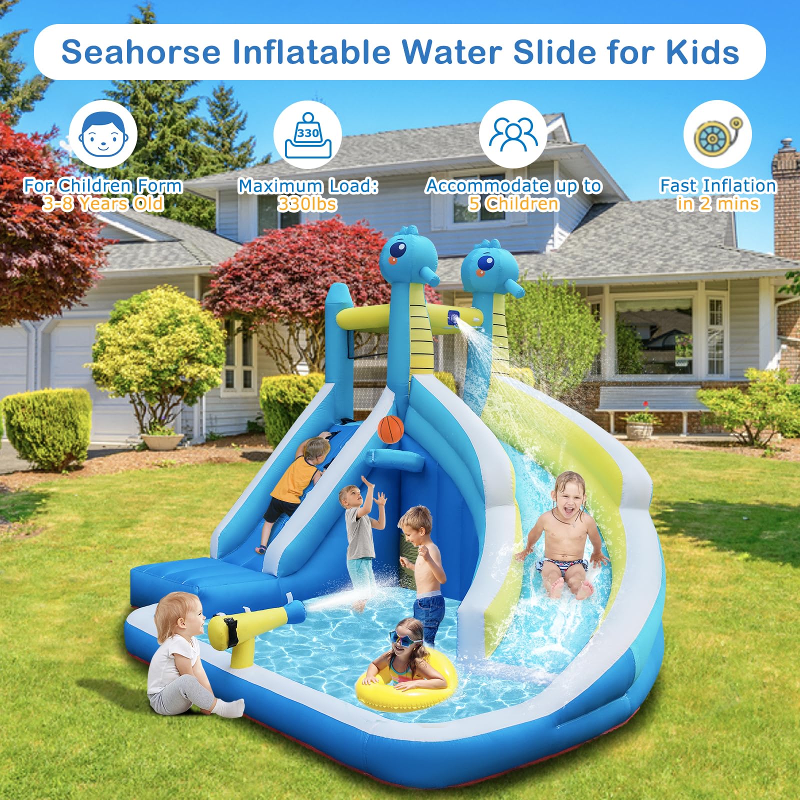 Seahorse Inflatable Water Slide for Kids Backyard | 5-in-1 Blow Up Splash Park with Climbing Wall, WaterSlide, Water Cannon, Basketball Hoop & 480W Blower| Indoor/Outdoor Toys for Ages 3+