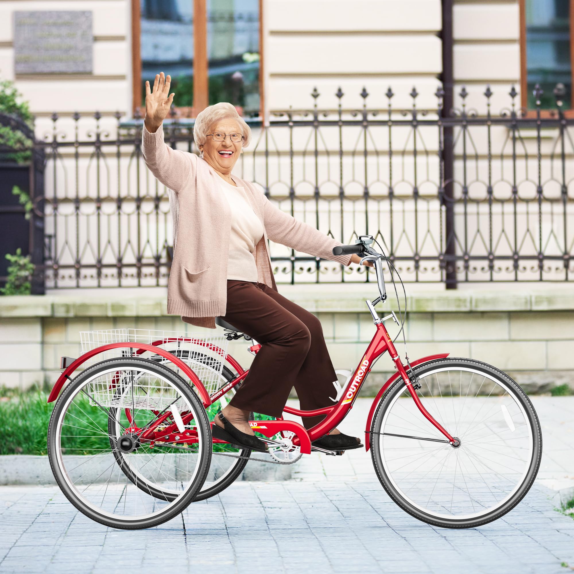 MarKnig 1 Speed Adult Tricycle, 24 Inch 3 Wheel Bikes with Large Basket, Cruiser Bike for Women/Men/Seniors, Adult Trike for Outdoor/Shopping/Recreation/Picnic (Red)