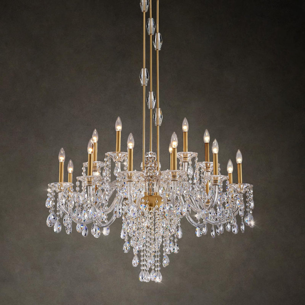 Duluyiee 18-Light Crystal Candle Chandelier, Brass Gold Chandelier for Foyer, Staircase & High Ceiling Living Room, Adjustable Height, E12 Base