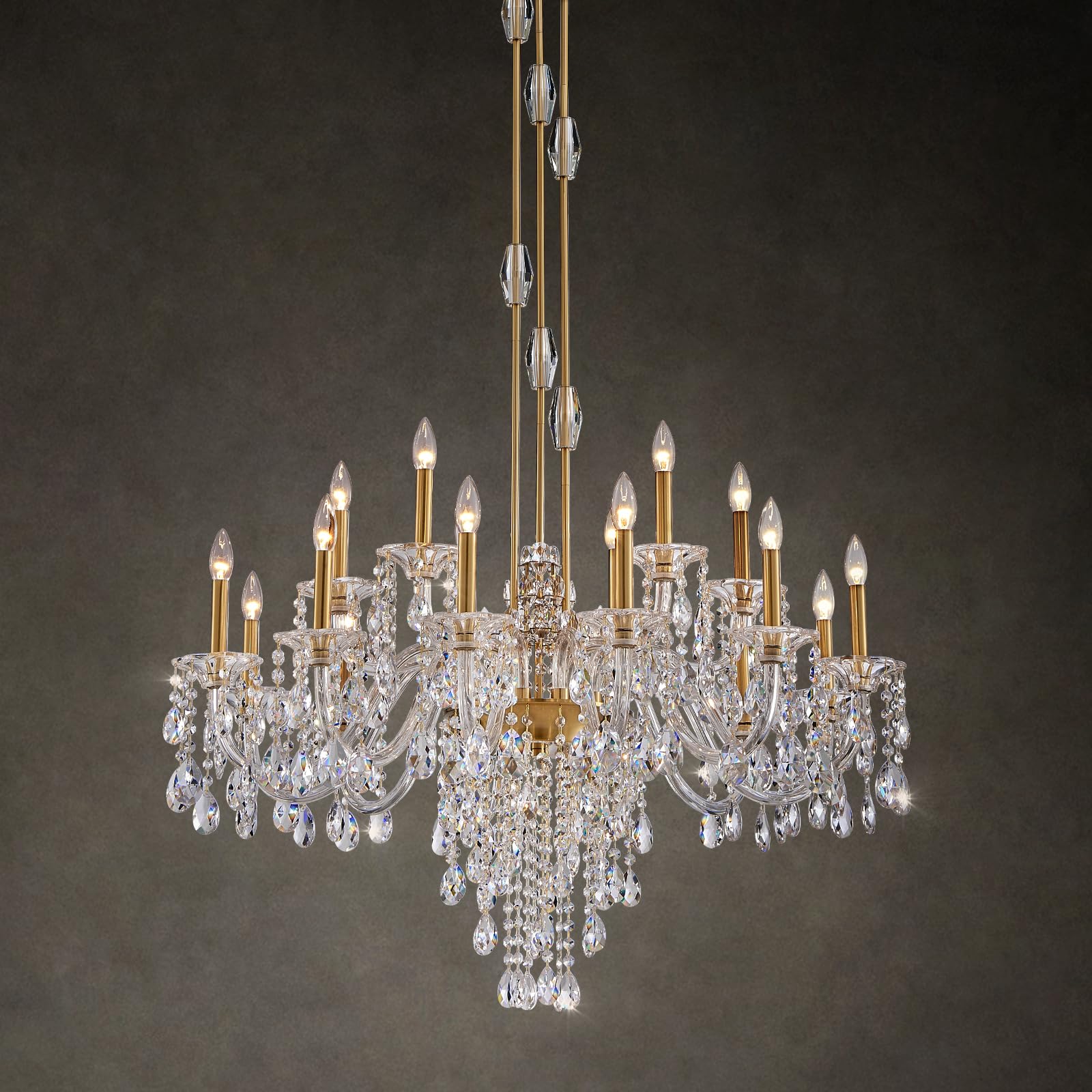 Duluyiee 18-Light Crystal Candle Chandelier, Brass Gold Chandelier for Foyer, Staircase & High Ceiling Living Room, Adjustable Height, E12 Base