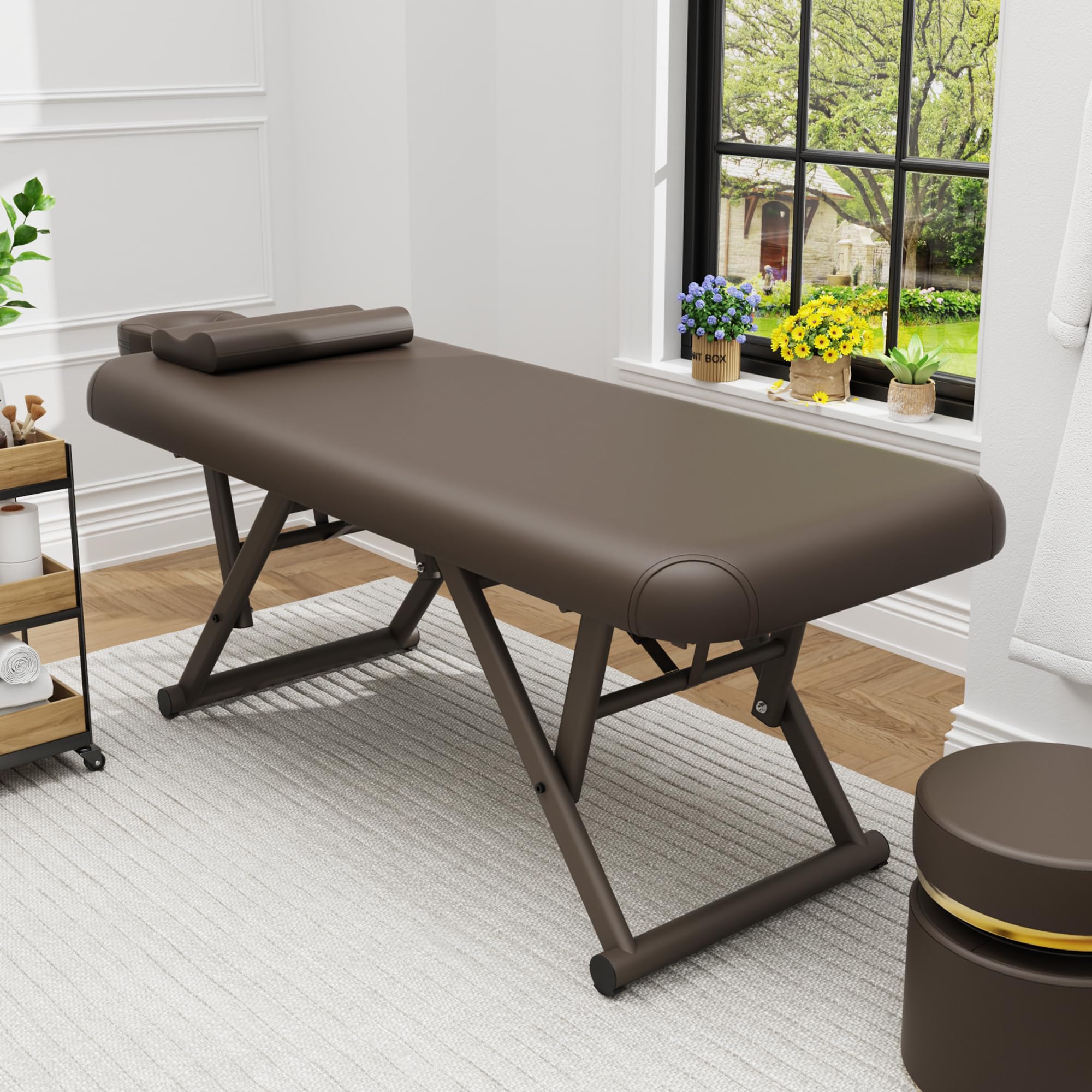 pouseayar Adjustable Massage Table with Face Pillow & Headrest, Sturdy and Solid, Silent and Easy to Adjust - Fixed Backrest, Brown