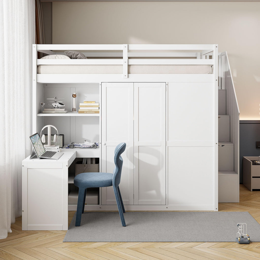Merax Full Size Loft Bed, Wood Bedframe with Wardrobe, Storage Stairs, Desk and Shelves for Kids Teens Adults Bedroom, White
