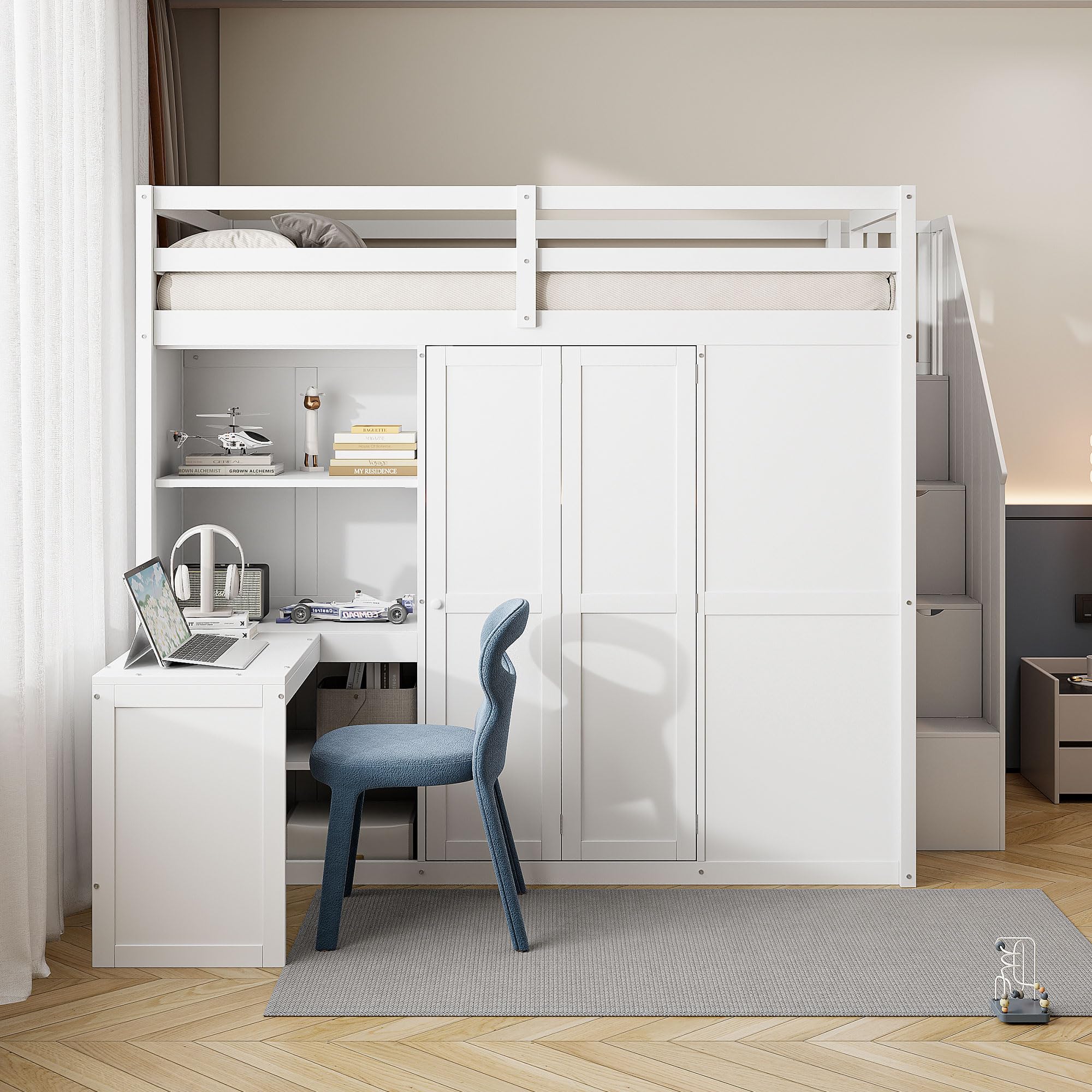 Merax Full Size Loft Bed, Wood Bedframe with Wardrobe, Storage Stairs, Desk and Shelves for Kids Teens Adults Bedroom, White