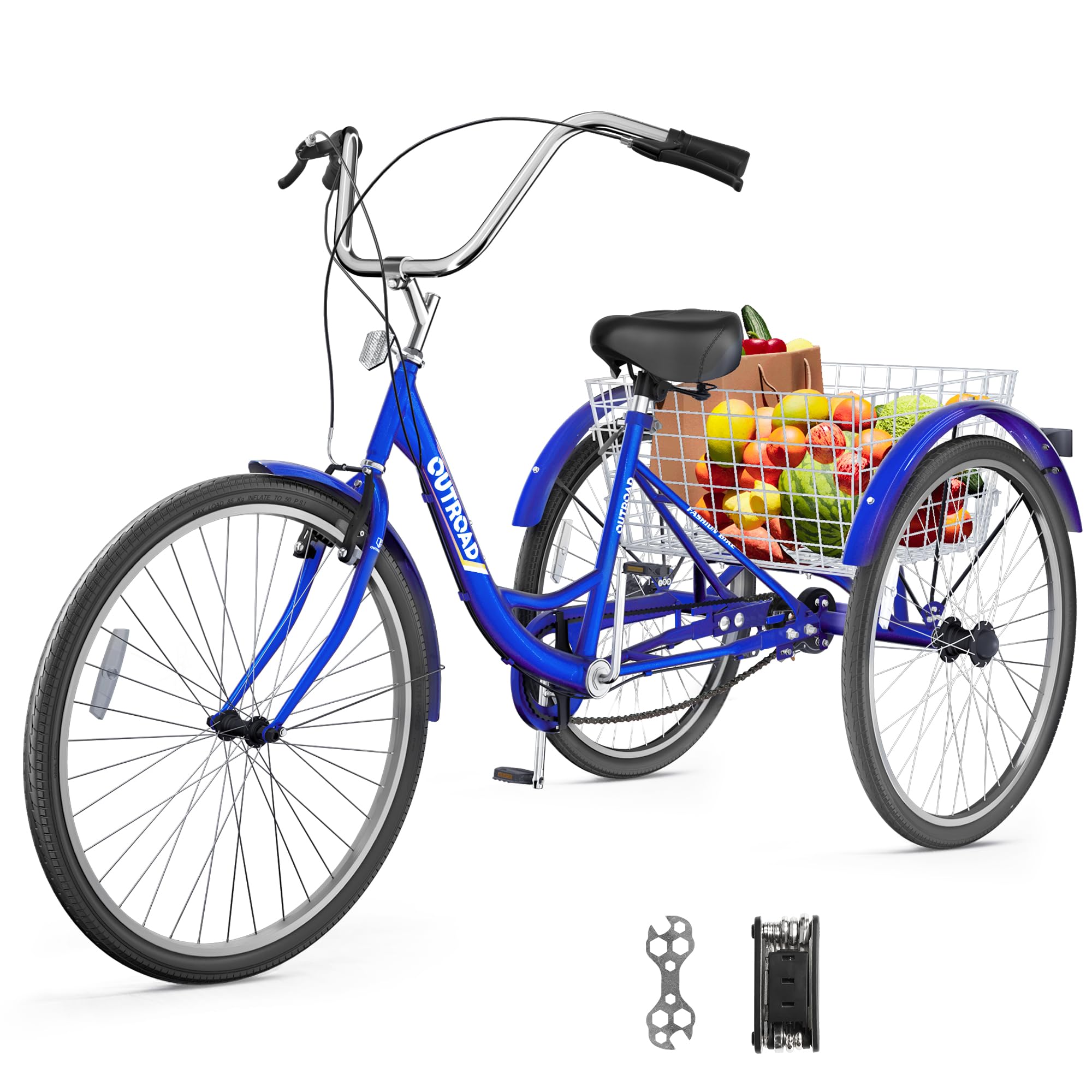 MarKnig Single Speed Adult Tricycle, 3 Wheel Bikes with Large Basket, Cruiser Bike for Women/Men/Seniors, Adult Trike for Outdoor/Shopping/Recreation/Picnic(26Inch Blue)