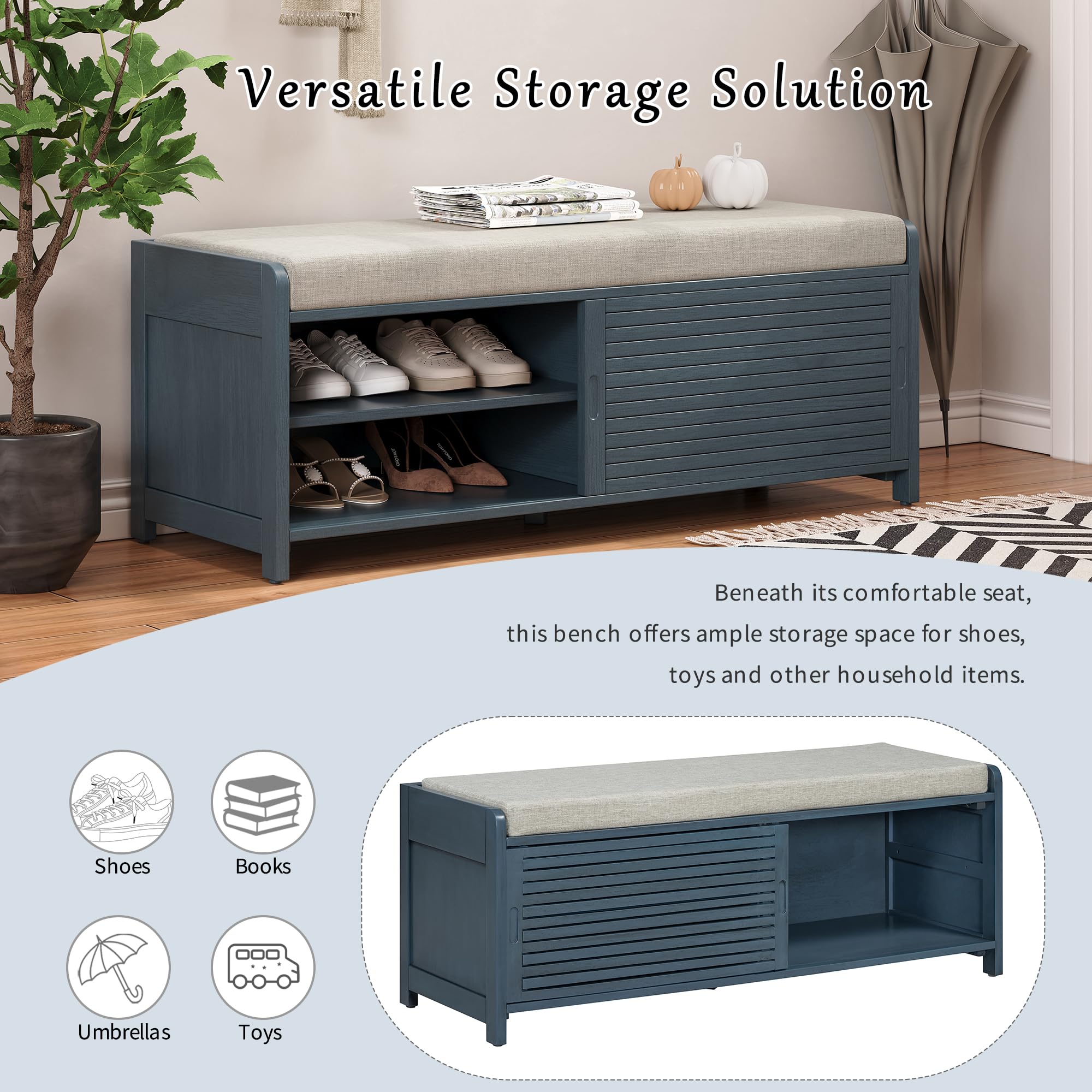 Ball & Cast Entryway Storage Bench with Shutter Doors, 43.3" Wooden Shoes Organizer, Modern Movable Upholstered Seat Entryway Shoe Rack Cabinet for Hallway Living Room, Navy Blue