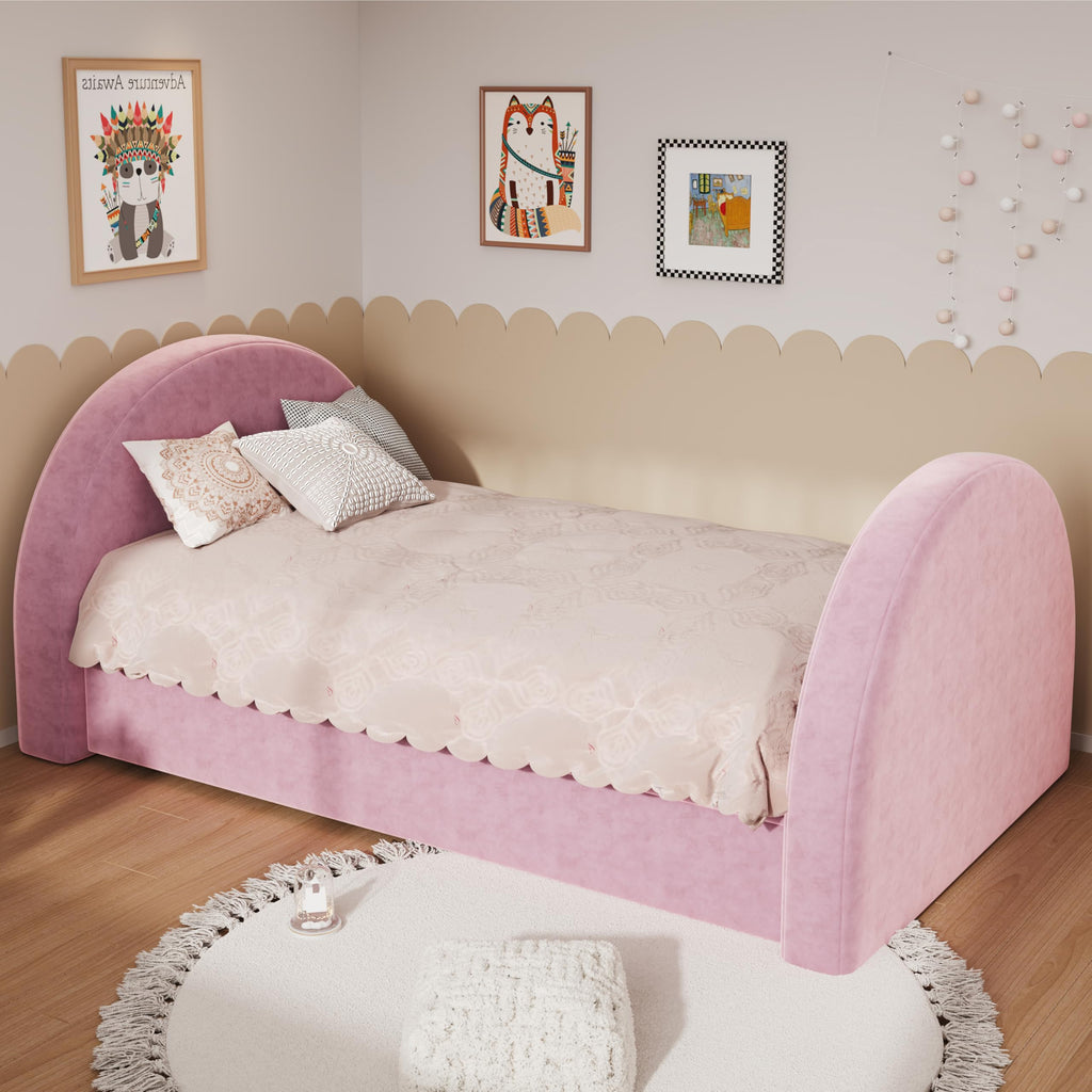 Christopher Knight Home Leonhart Velvet Upholstered Twin Size Bed Frames with Headboard/Footboard, Day Bed Frame Twin with Pull-Out Functionality, Iron Frame + Wooden Slat Trundle Bed Twin, Pink