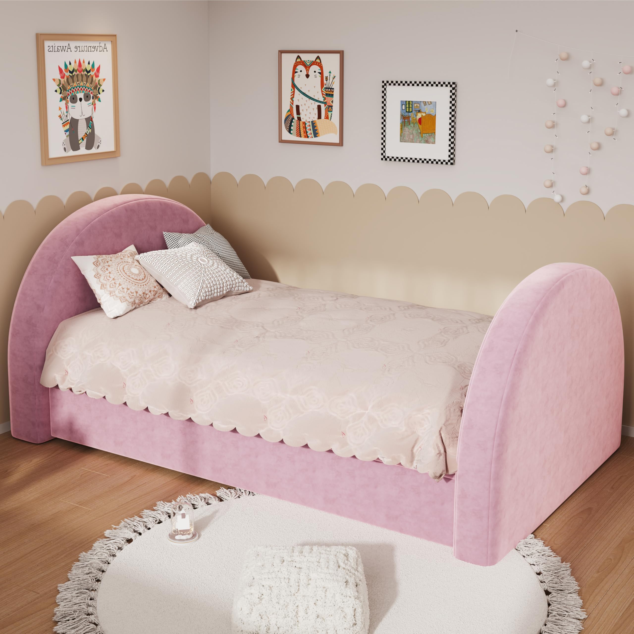 Christopher Knight Home Leonhart Velvet Upholstered Twin Size Bed Frames with Headboard/Footboard, Day Bed Frame Twin with Pull-Out Functionality, Iron Frame + Wooden Slat Trundle Bed Twin, Pink