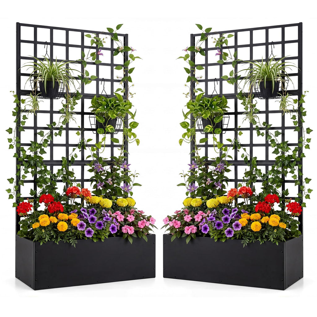 Giantex 2 Pack Metal Raised Garden Bed with Trellis, 71"x36"x16" Galvanized Planter Box w/Drainage Holes for Climbing Plants Vegetables Flowers, Outdoor Privacy Screen for Patio Backyard Balcony