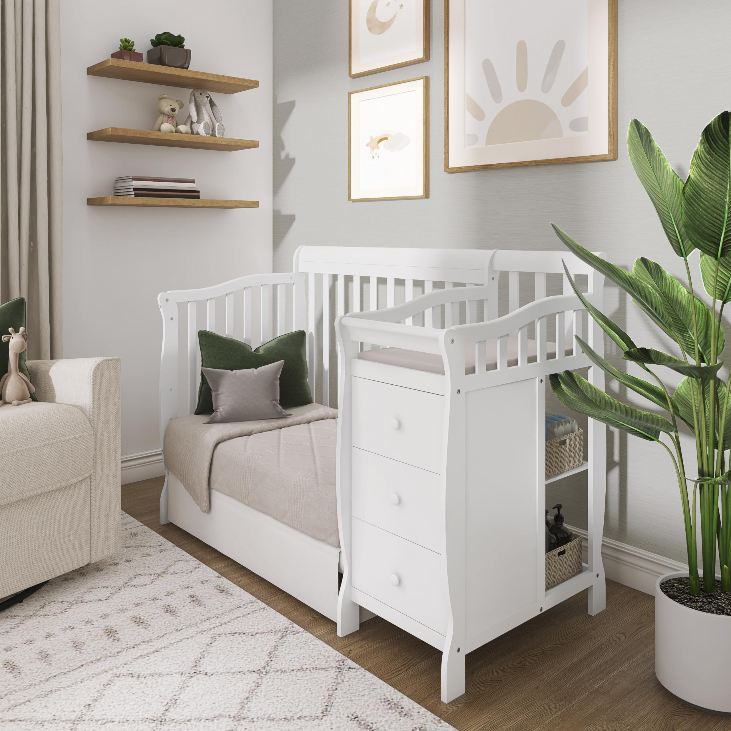 Dream On Me Jayden 4‑in‑1 Mini Convertible Baby Crib & Changer with Storage in White, Pinewood, GreenGuard Gold & BSA, 1” Mattress Pad, 3 Mattress Heights, Converts to Mini Day & Twin-Size Bed
