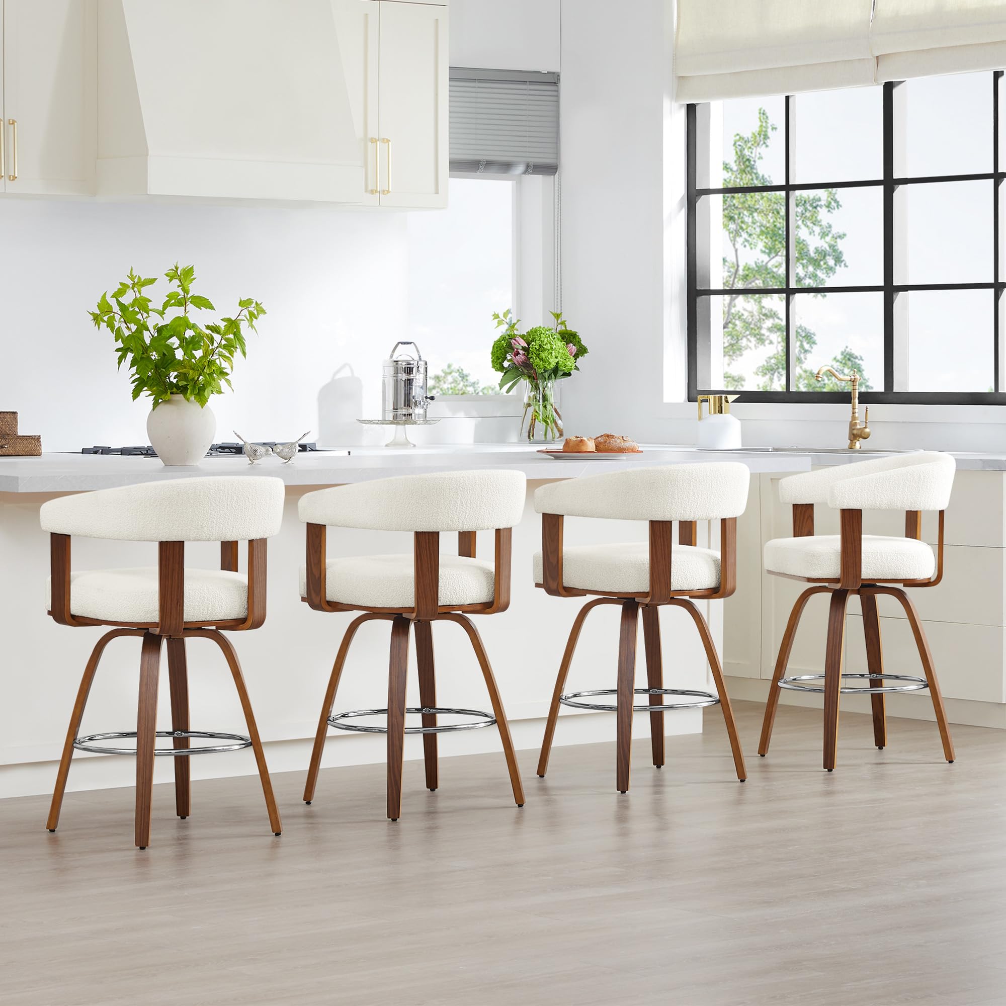 CHITA Swivel Counter Height Barstools Set of 2, FSC Certified Polyester Upholstered Bar Stools with Back and Armrest for Kitchen Island Home Bar, 27" Seat Height, Cream with Walnut Frame