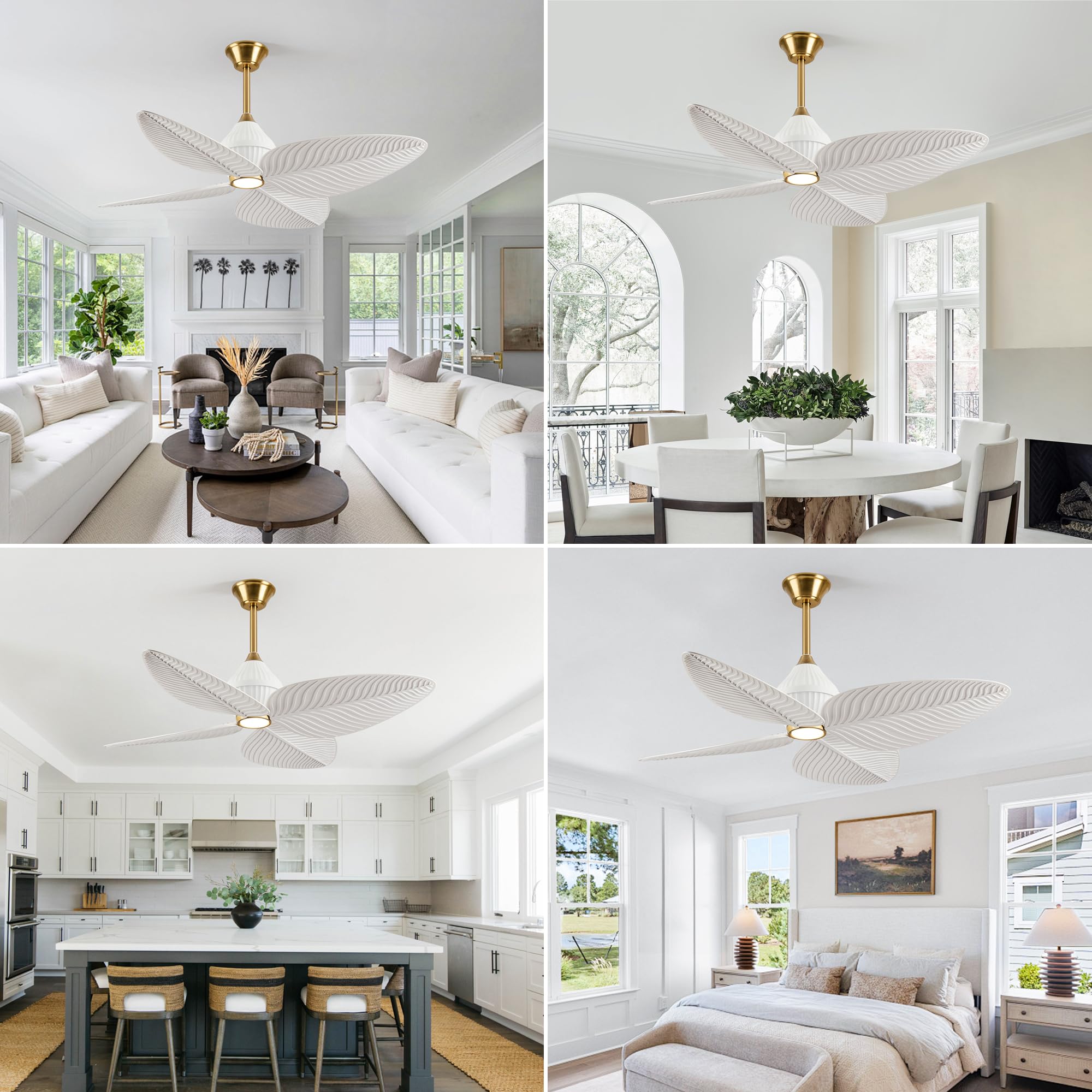 LVYEAYOU 52" Tropical Ceiling Fans with Lights, Indoor Palm Leaf Ceiling Fan with Light and Remote for Living Room Bedroom, ABS Blades, Dimmable LED Lights, 6 Speeds, Adjustable Height-White Gold