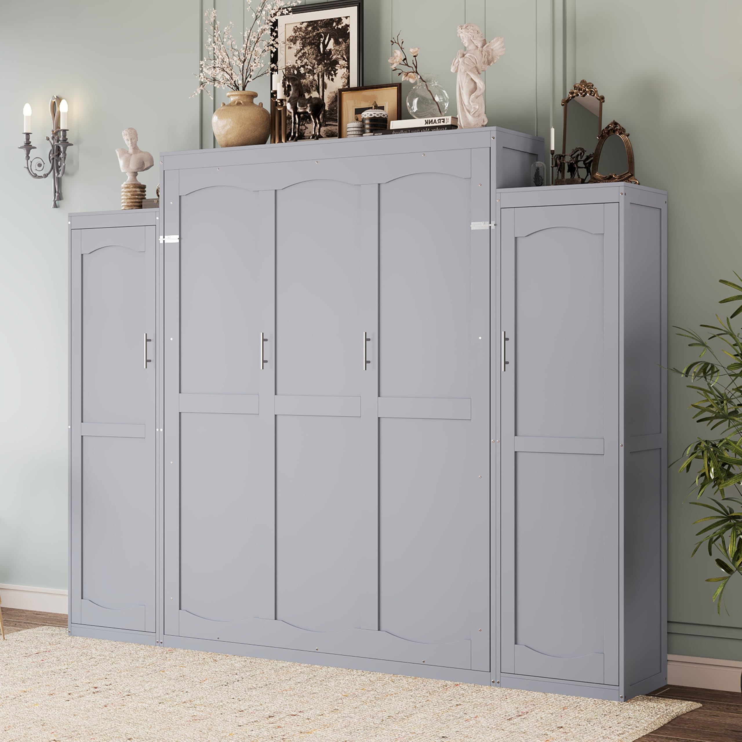 Merax Queen Size Wood Murphy Bed, with 2 Wardrobe and Storage Shelf, Multifunctional Foldable Wall Platform Bedframe for Guest-Room, Bedroom, Gray
