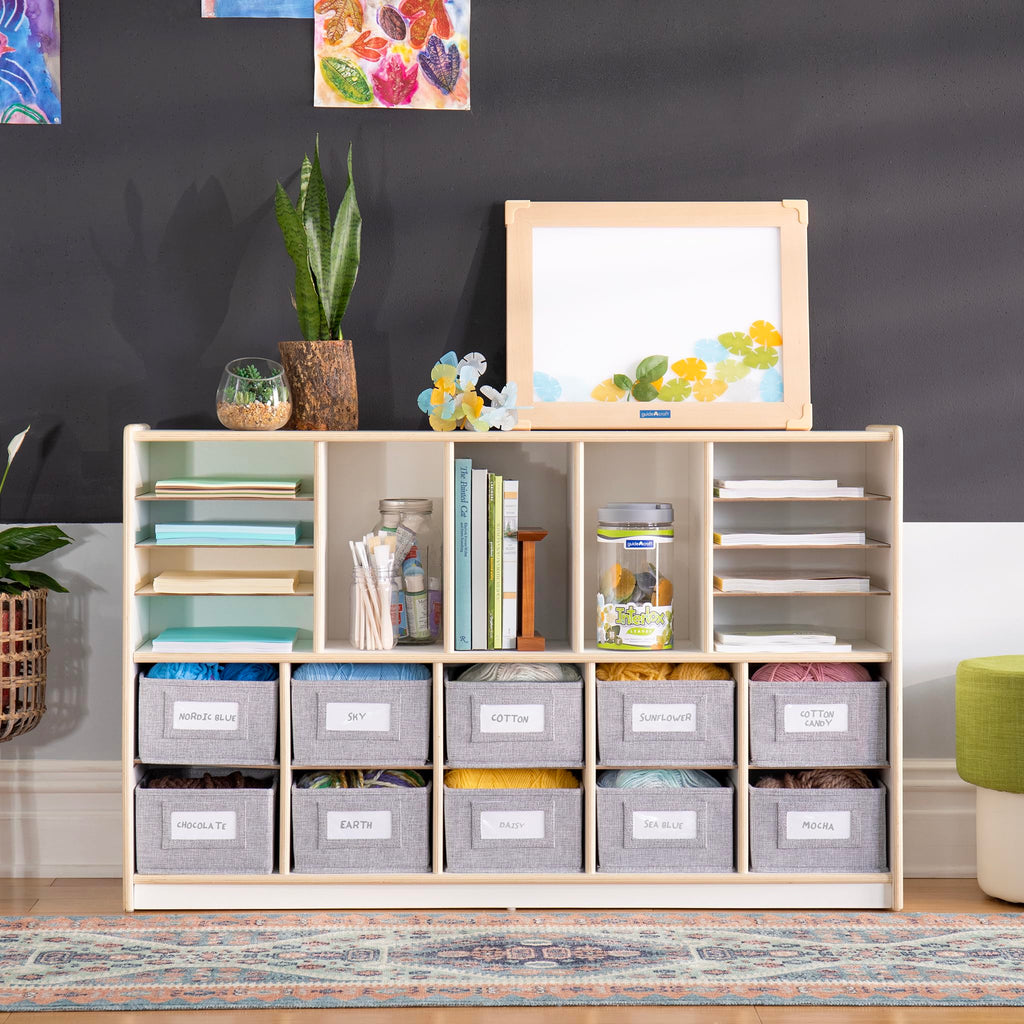 Guidecraft EdQ Shelves and 10 Bin Storage Unit- White: Display Shelf Storage Organizer for Home, School and Office; Wooden Book Cubby and Toy Shelf