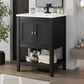 24" Bathroom Vanity with Ceramic Sink Top Set, Cabinet with Adjustable Shelf and Open Storage Space, Soft-Closing Door, Solid Wood Frame, Black