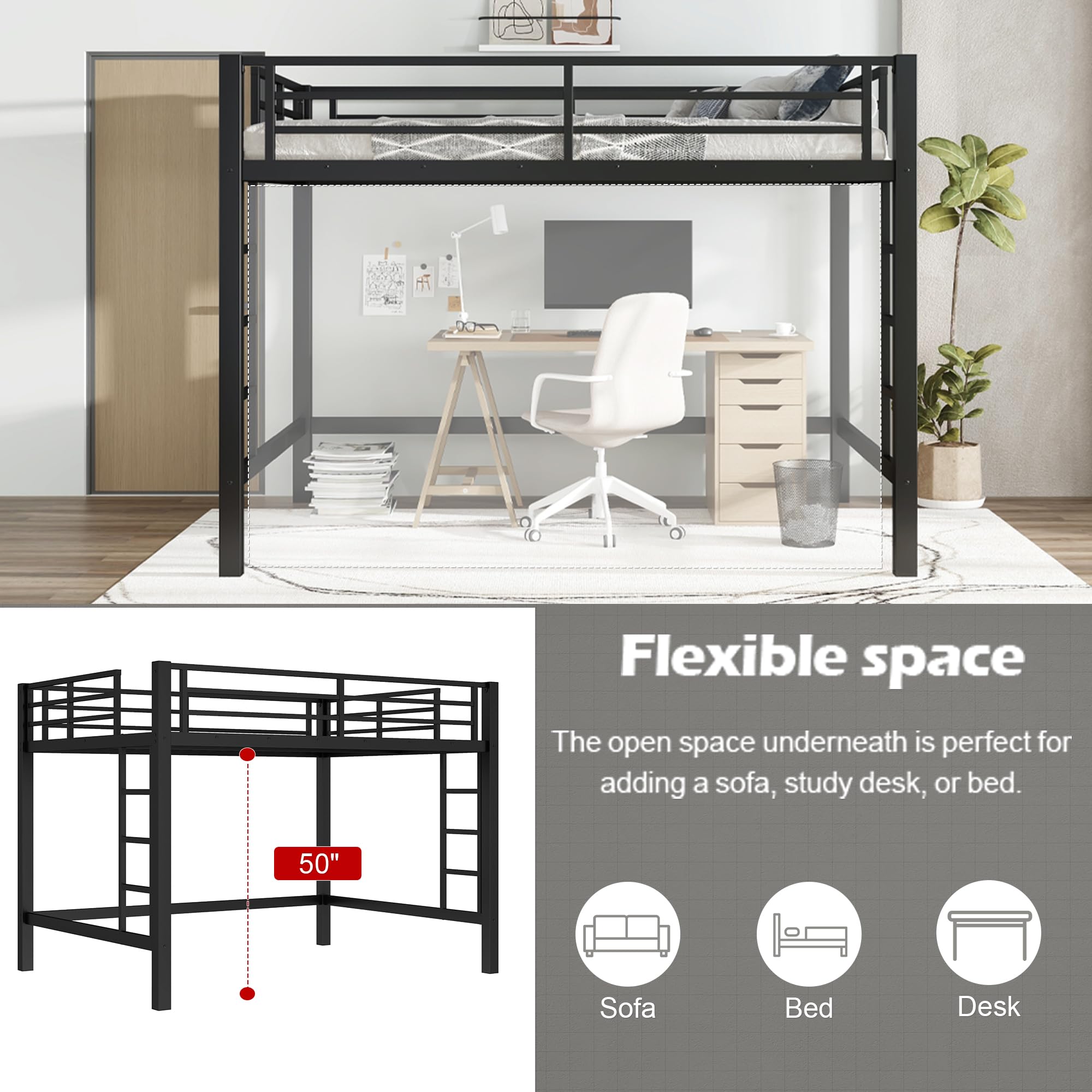 Metal Queen Size Loft Bed,Heavy Duty Loft Bed Frame Queen Size with 2 Ladders and Full Length Guardrails for Kids, Teens, Adults, Noise-Reducing,Space-Saving,Black
