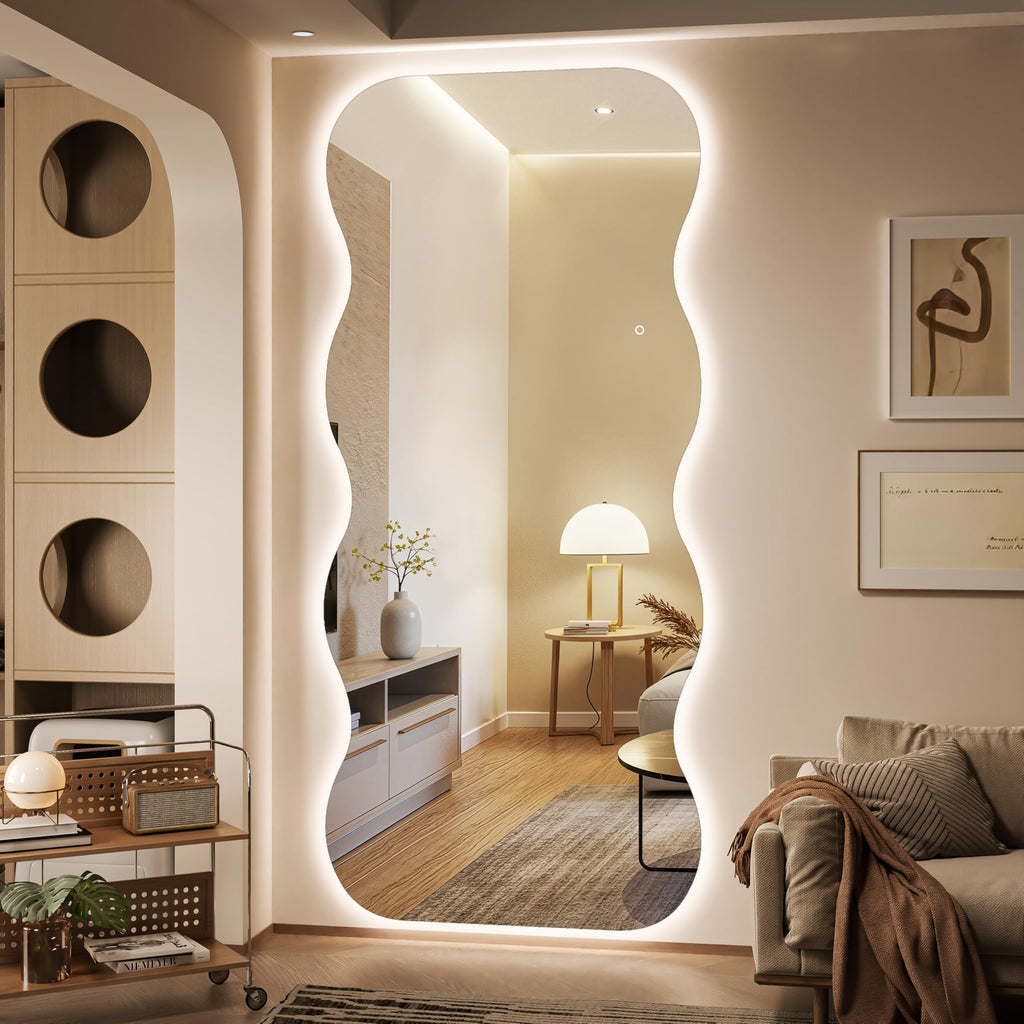 Hasipu Wavy Full Length Mirror with Lights - 94"×39" LED Wavy Floor Mirror, Frameless, Dimmable, Standing or Vertical/Horizontal Wall-Mounted Mirror for Bedroom, Living Room, Cloakroom