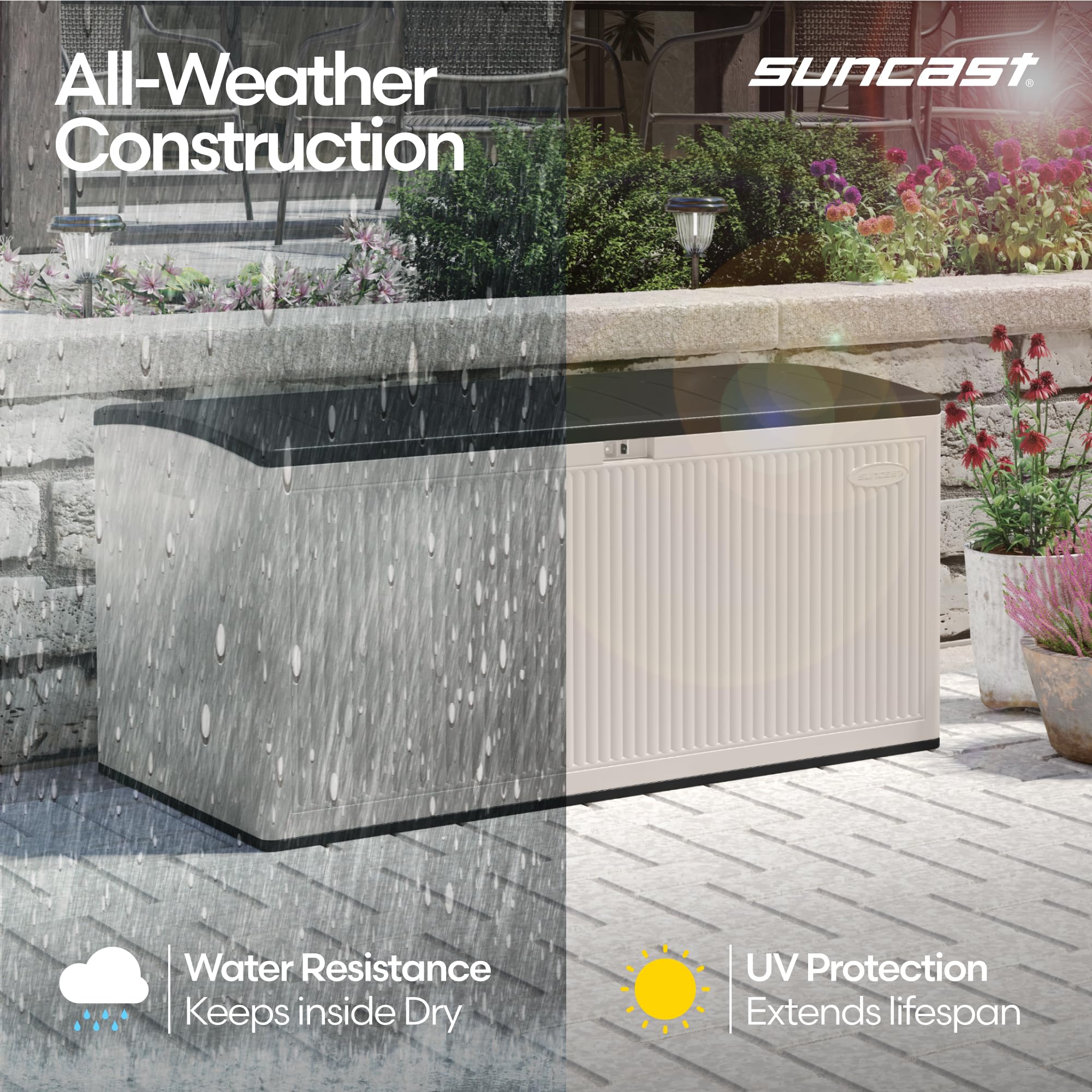 Suncast 160-Gal. Resin Extra-Large Outdoor Patio Deck Box with Pad-Lockable Lid, Modern Reeded Outdoor Patio Bench/Storage Box for Cushions, Garden Tools, and More, Iron Ore/French Gray