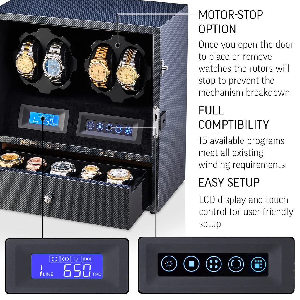 4 Watch Winder with 5 Watch Storage Space, LCD Display, Touch Control and Interior Light (Black + Black)