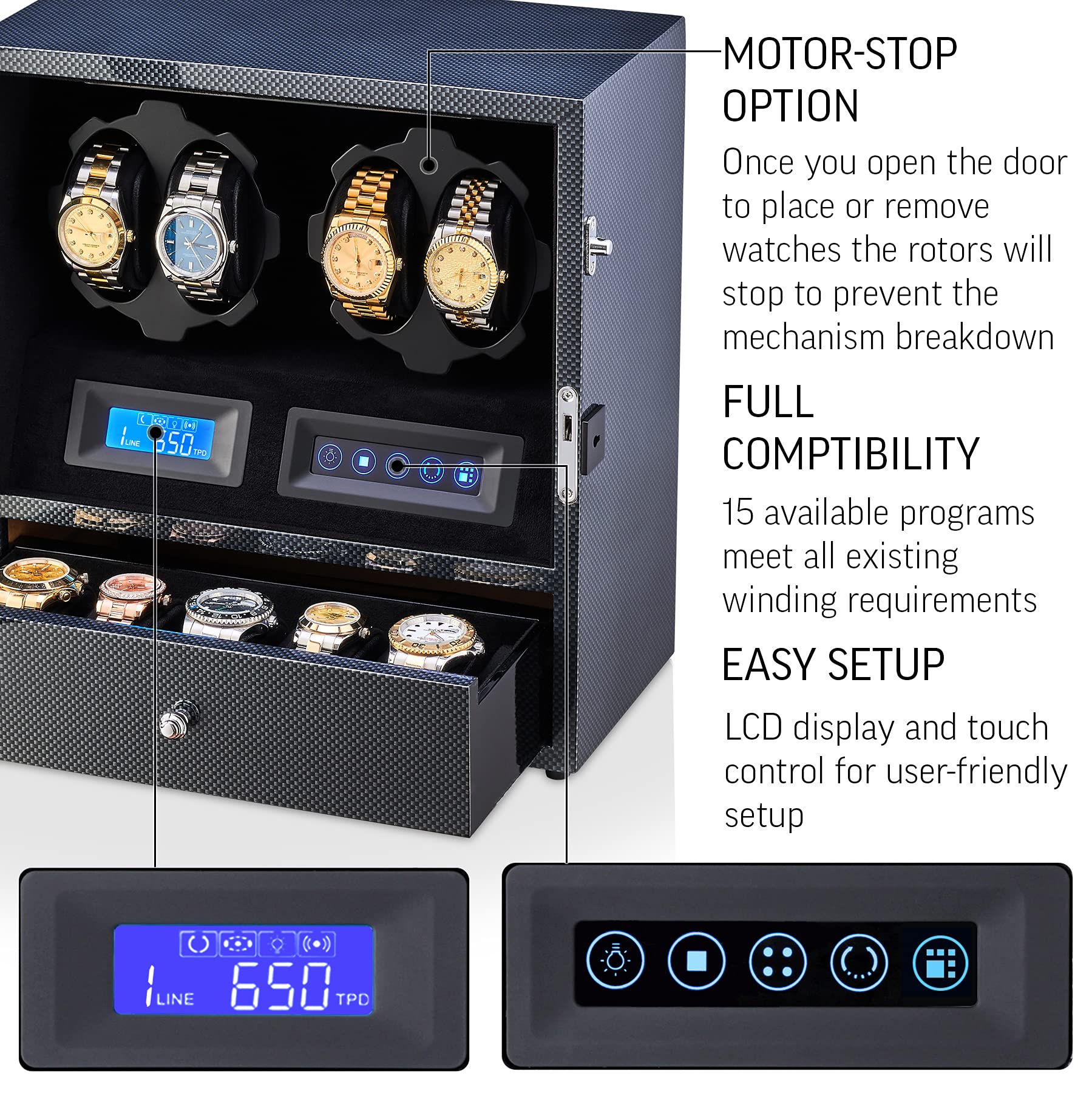 4 Watch Winder with 5 Watch Storage Space, LCD Display, Touch Control and Interior Light (Carbon + Black Velvet)
