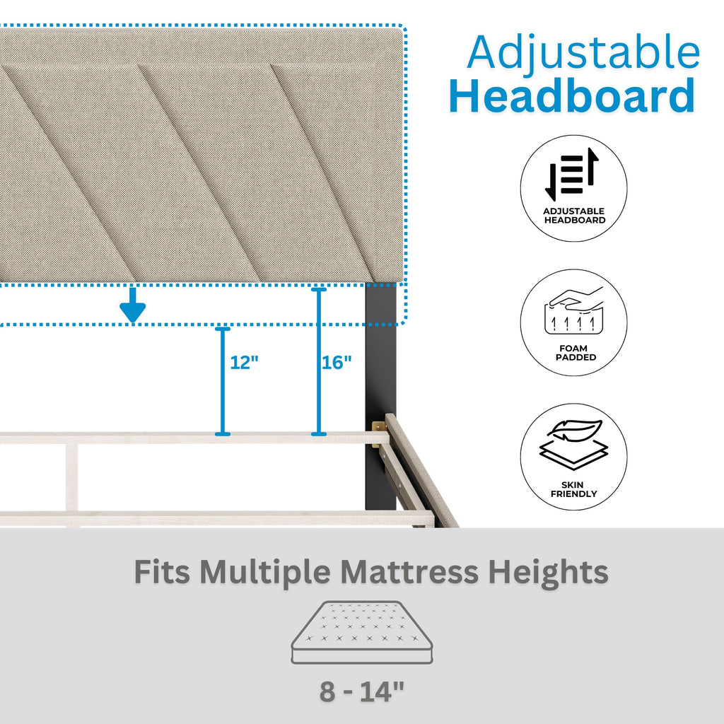Boyd Sleep Diagonal King Size, White Linen Upholstered Platform Bed with Adjustable Headboard - Qualified Box Spring or Foundation Required for Use