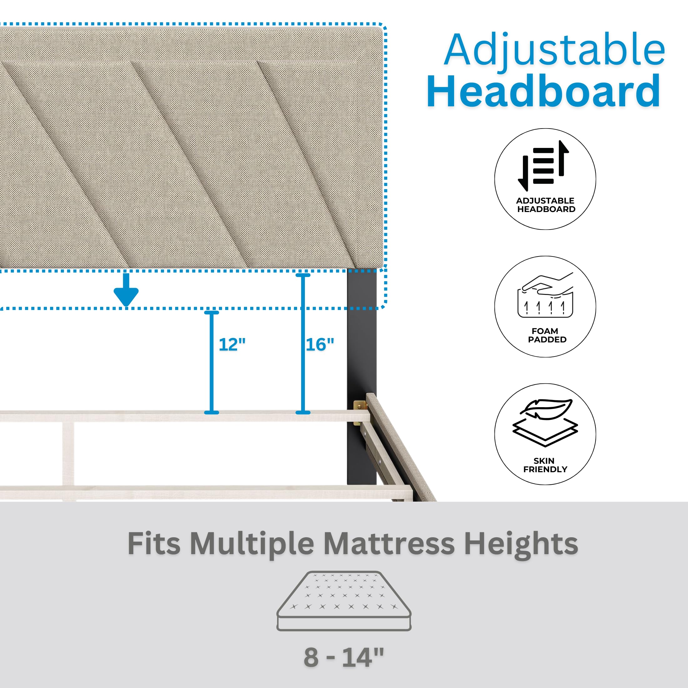 Boyd Sleep Diagonal King Size, White Linen Upholstered Platform Bed with Adjustable Headboard - Qualified Box Spring or Foundation Required for Use
