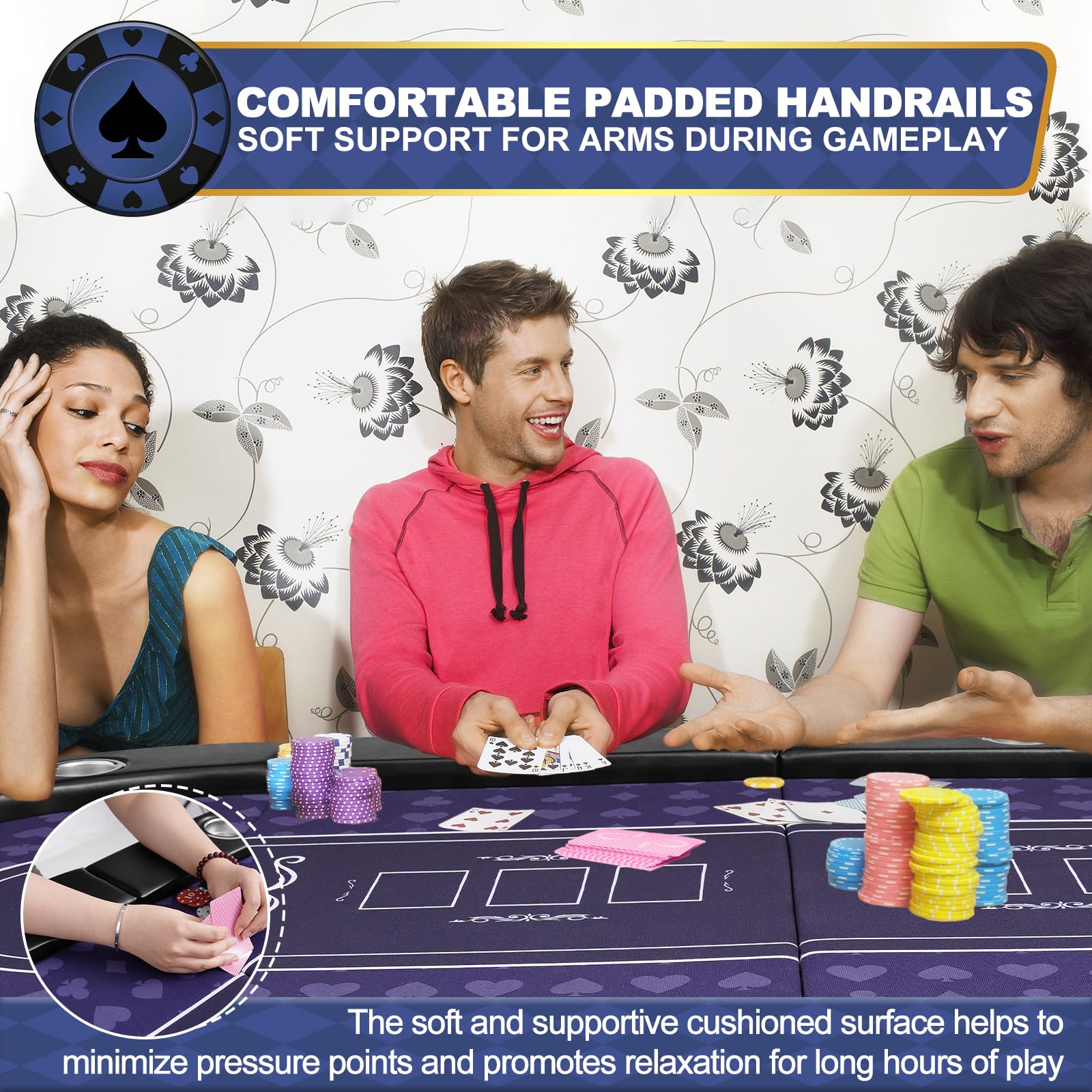 REAHOISY Poker Table Foldable, Casino Leisure Gamimg Table for 8/10 Player, Folding Texas Holdem Blackjack Table with Padded Rails & Cup Holders for Home Game Room, 84 Inch
