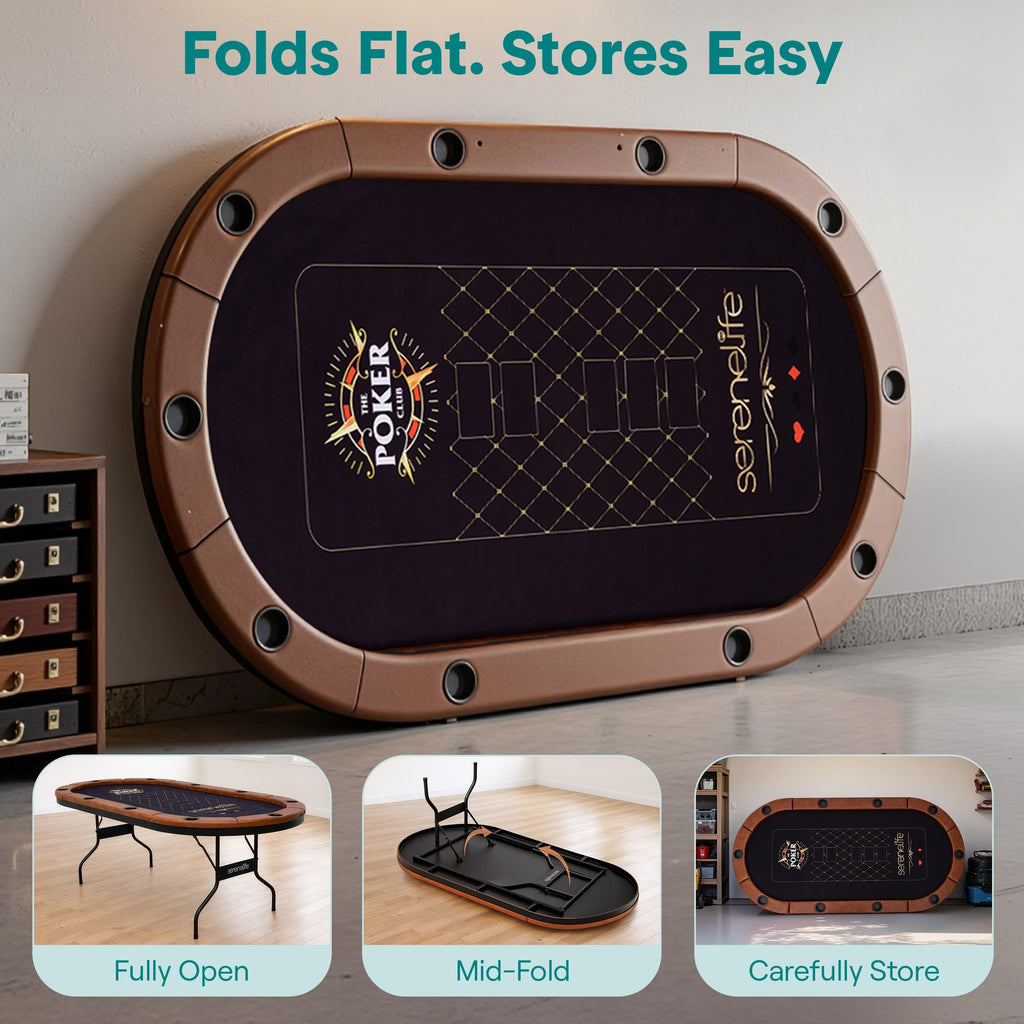 SereneLife 7ft Poker Table for 10 Players - Heavy Duty Oval Texas Hold'em Casino Table for Game Room, 25mm Reinforced Metal Legs, Durable Black PVC Rail, 10 Deep Cup Holders & Professional Layout