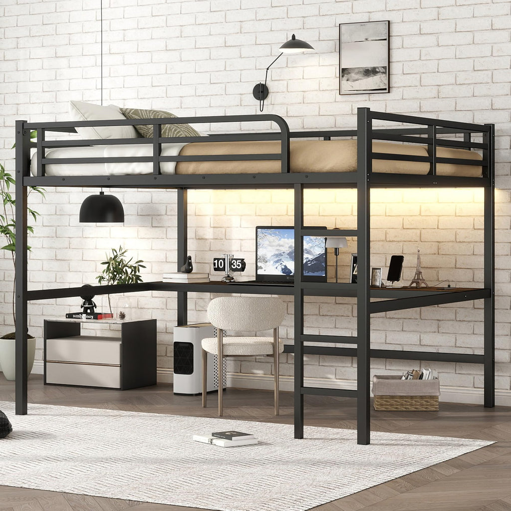 KEIKI Metal Queen Size Loft Bed with Power Outlet and LED Lighted, Space-Saving, Noise Reduced, Black