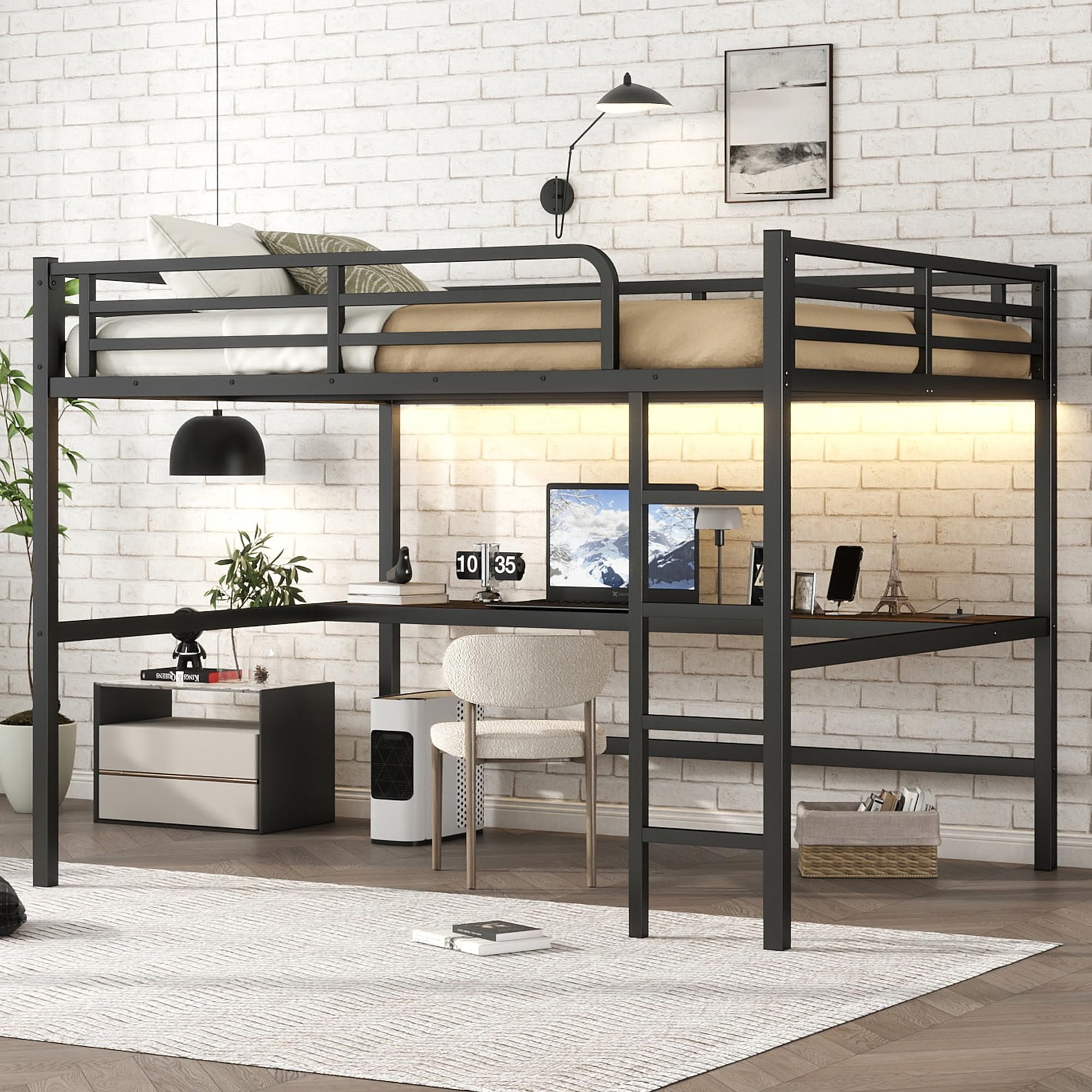 KEIKI Metal Queen Size Loft Bed with Power Outlet and LED Lighted, Space-Saving, Noise Reduced, Black