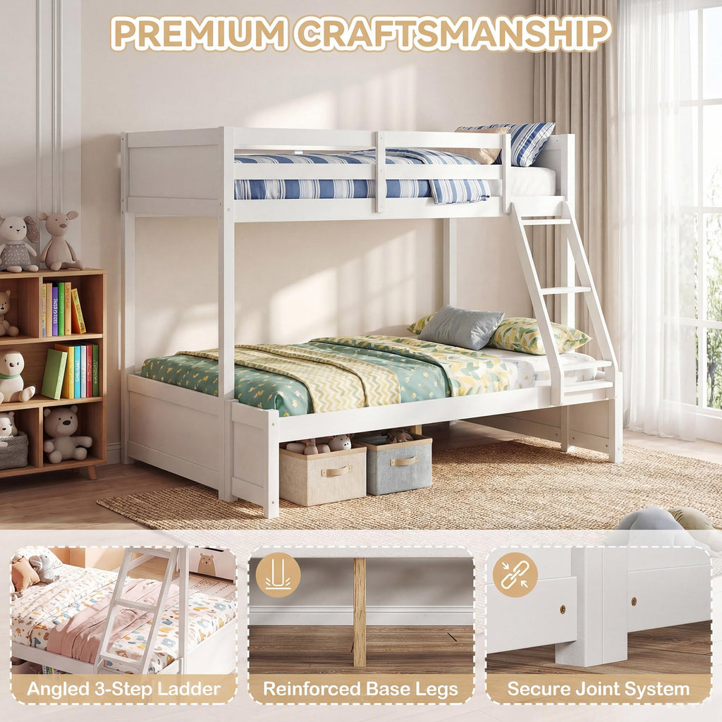 KOMFOTT Twin Over Full Bunk Bed, Pine Bed Frame with 3-Step Ladder, Full-Length Guardrails & 21 Wooden Support Slats, Solid Wood Bunk Bed for Teens, Kids, Adults, Dorms and Apartments (White)