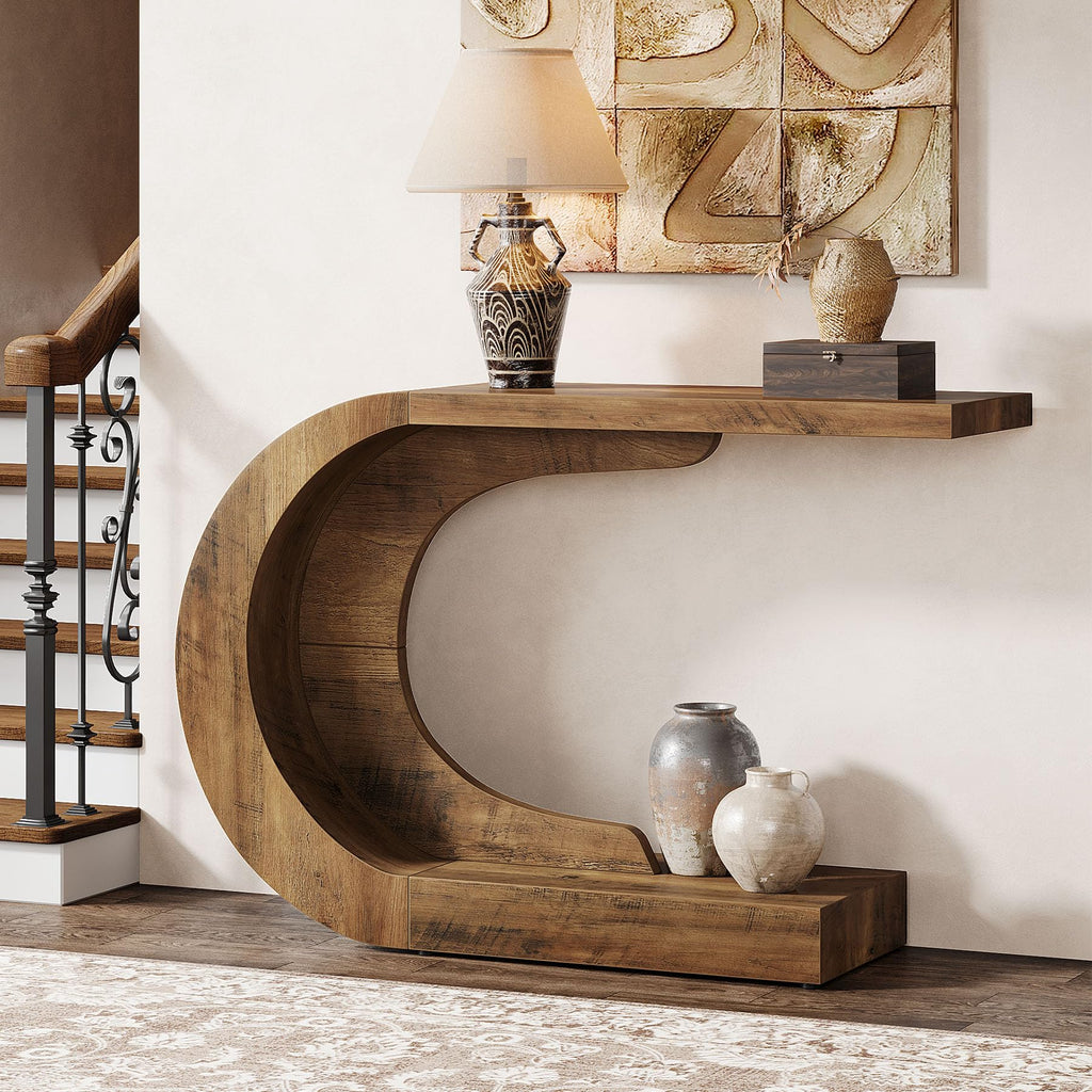 Tribesigns 43.3" Mid-Century Modern Console Table for Entryway, Wood C-Shaped Hallway Entry Accent Table for Living Room, Entrance, Foyer, Easy Assembly, Brown