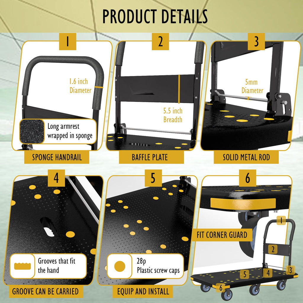 Heavy-Duty Foldable Platform Cart with 6 Wheels & 2000LB Capacity - 360° Swivel & Fixed Casters, Collapsible Push Cart Dolly Black Plastic Trolley, 5" Wheels, Spare Tire & Anti-Collision Corners