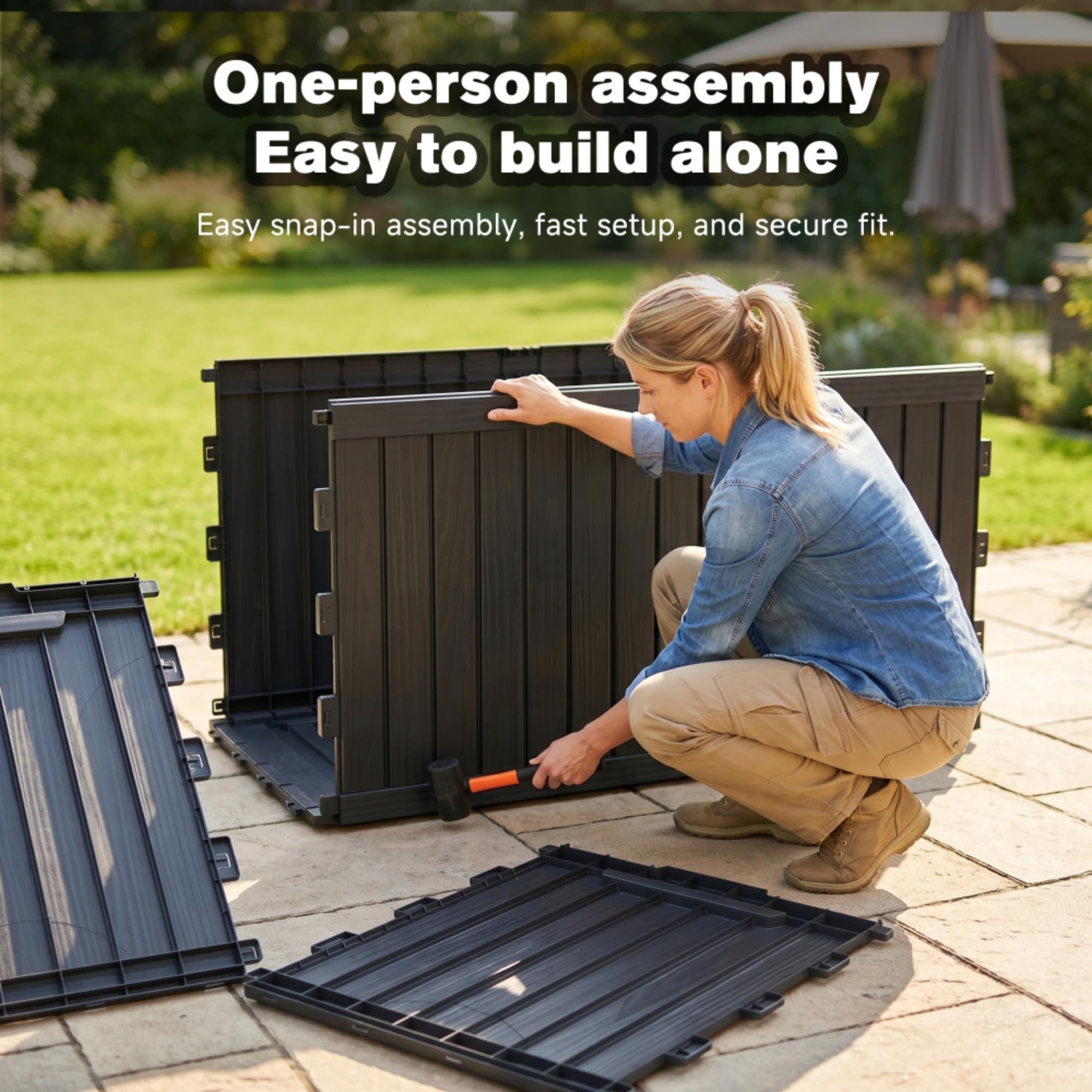 Large Outdoor Storage Deck Box, Resin Patio Container with Lockable Lid, Hydraulic Lift, Wood Texture Panels, Bench Table Function for Cushions Garden Tools Pool Gear Sports Equipment (180 Gallon)
