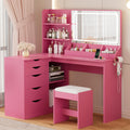 YESHOMY Vanity Desk with Lights and Mirror, L Shaped Makeup Table, Dresser with Hairdryer Holder and Power Outlet, Adjustable 3 Lighting Modes, 5 Drawers and Adjustabled Open Storage Shelves, Pink