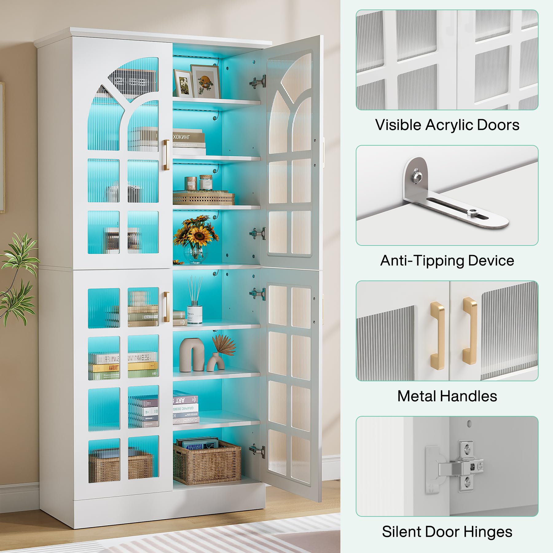 Tribesigns 8-Tier Bookshelf with Doors and LED Lights, 68.9" Tall Bookcase with Adjustable Shelves, Modern Wooden Display Cabinet for Living Room, Home Office, Bedroom, White (1PC)