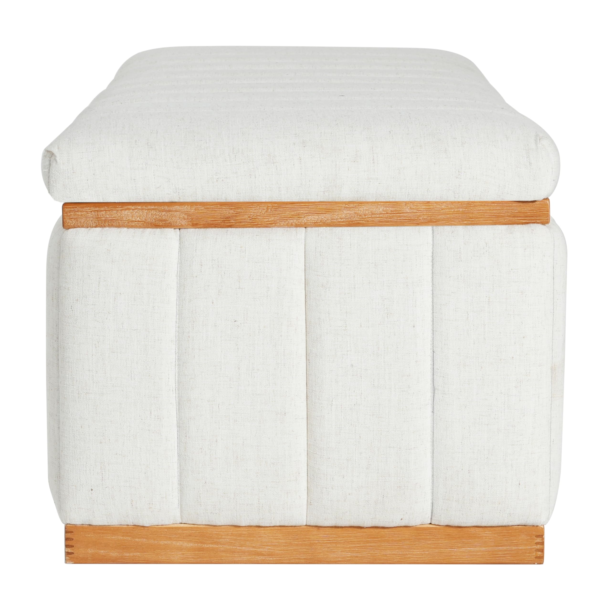 Christopher Knight Home Kira Living Room Ottoman with Storage, Linen Upholstered Storage Ottoman Bench with Channel-Tufted Design, Wood Frame Sofa Foot Stool, Bedroom End of Bed Bench, Beige