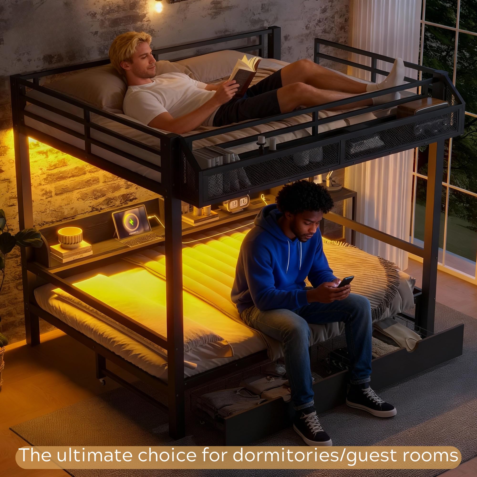 Queen over Queen Bunk Bed with Storage Drawers and Shelves, Metal Bunk Beds with Lights and USB Ports, Convertible Lower Bunkbed Queen for Guests, Bedroom, Dorms, Multi-function and Noise-free, Black