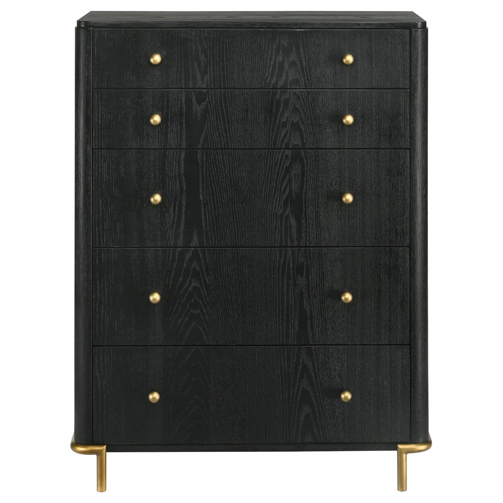 Coaster Home Furnishings - Arini - Wood - 5-Drawer Chest with Rounded Corners, Gold Knobs, Hidden Drawer and Wire-Brushed Finish - Coastal - Bedroom - Black - 224335