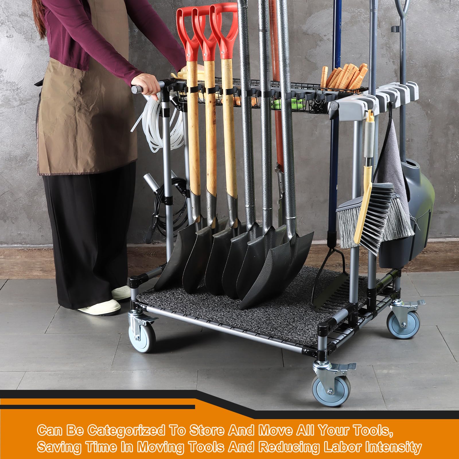 Heavy-Duty Garden Tool Organizer Cart Ideal for Gardening, Upgraded 5-Inch Wheels for Lawn & Sand, Long-Handle Tool Storage