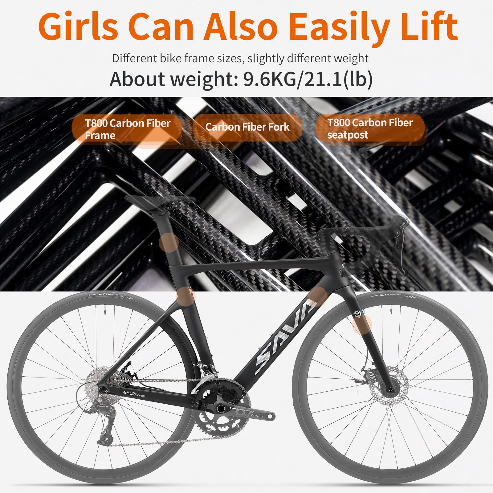 SAVADECK Carbon Disc Road Bike, Integrated Design Racing Bicycle Carbon Frame Carbon Fork with Shimano SORA R3000 Derailleur System 18 Speed Disc Brake Road Bike for Men or Women(Black,56cm)