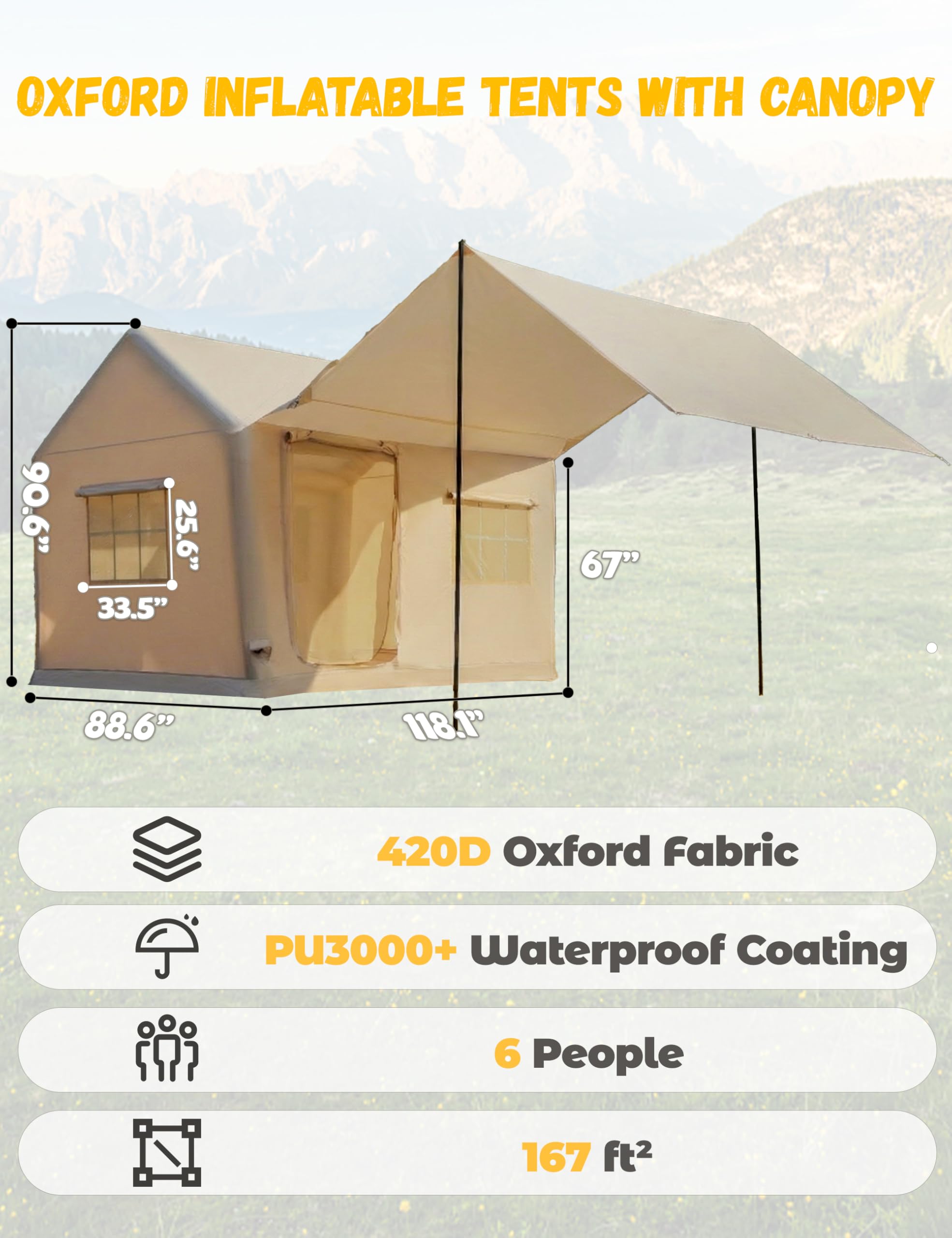 Luxury Inflatable Camping Tent House for 6-8 Person, 118"x158" XL Awning, 6.3" Extra Thick Air Beams (Stronger Than 5"), Heavy Duty Waterproof Oxford, Fast Setup Camping House with Pump & Bag